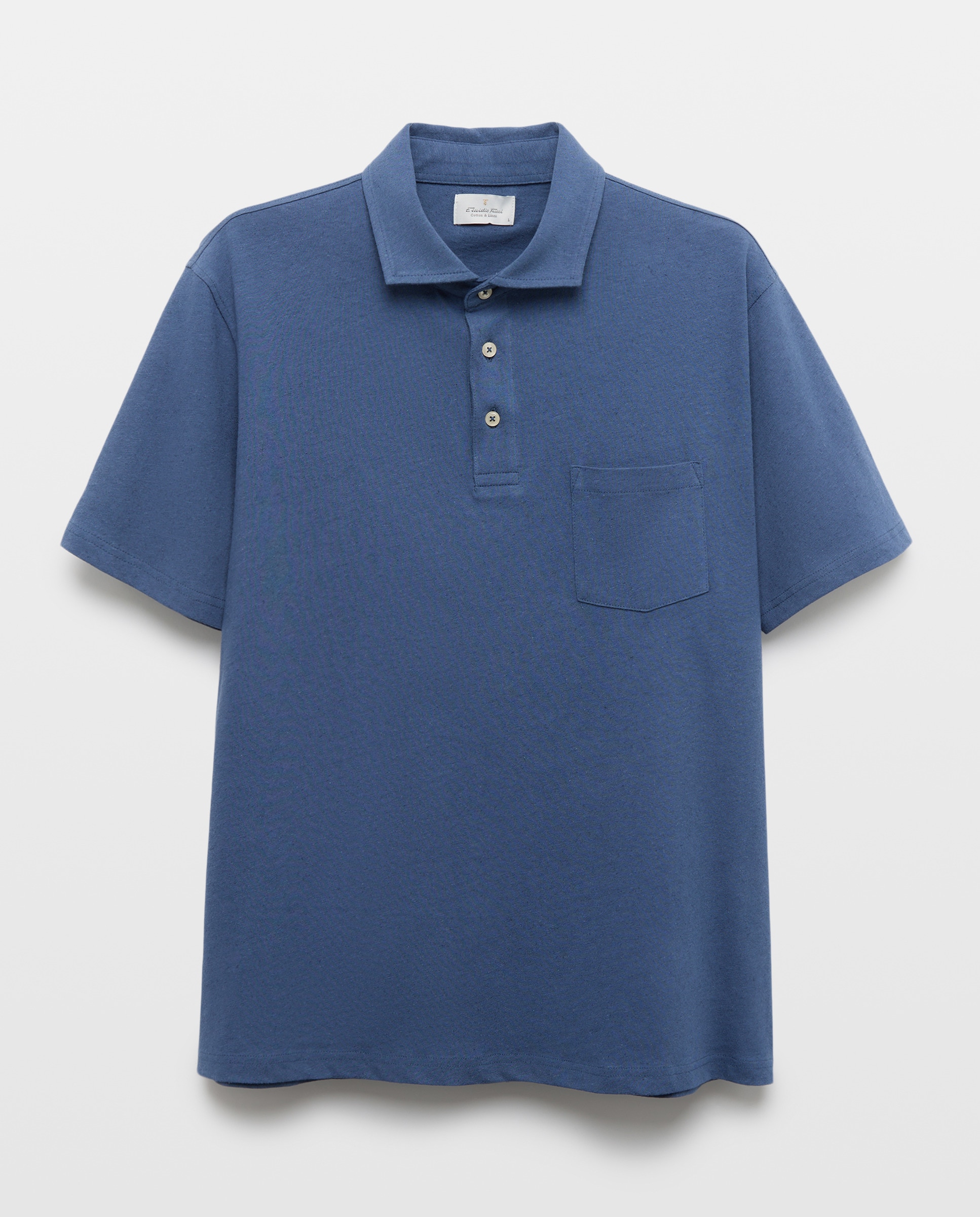 Polo Piqué de Algodão e Linho com Manga Curta Azul-4