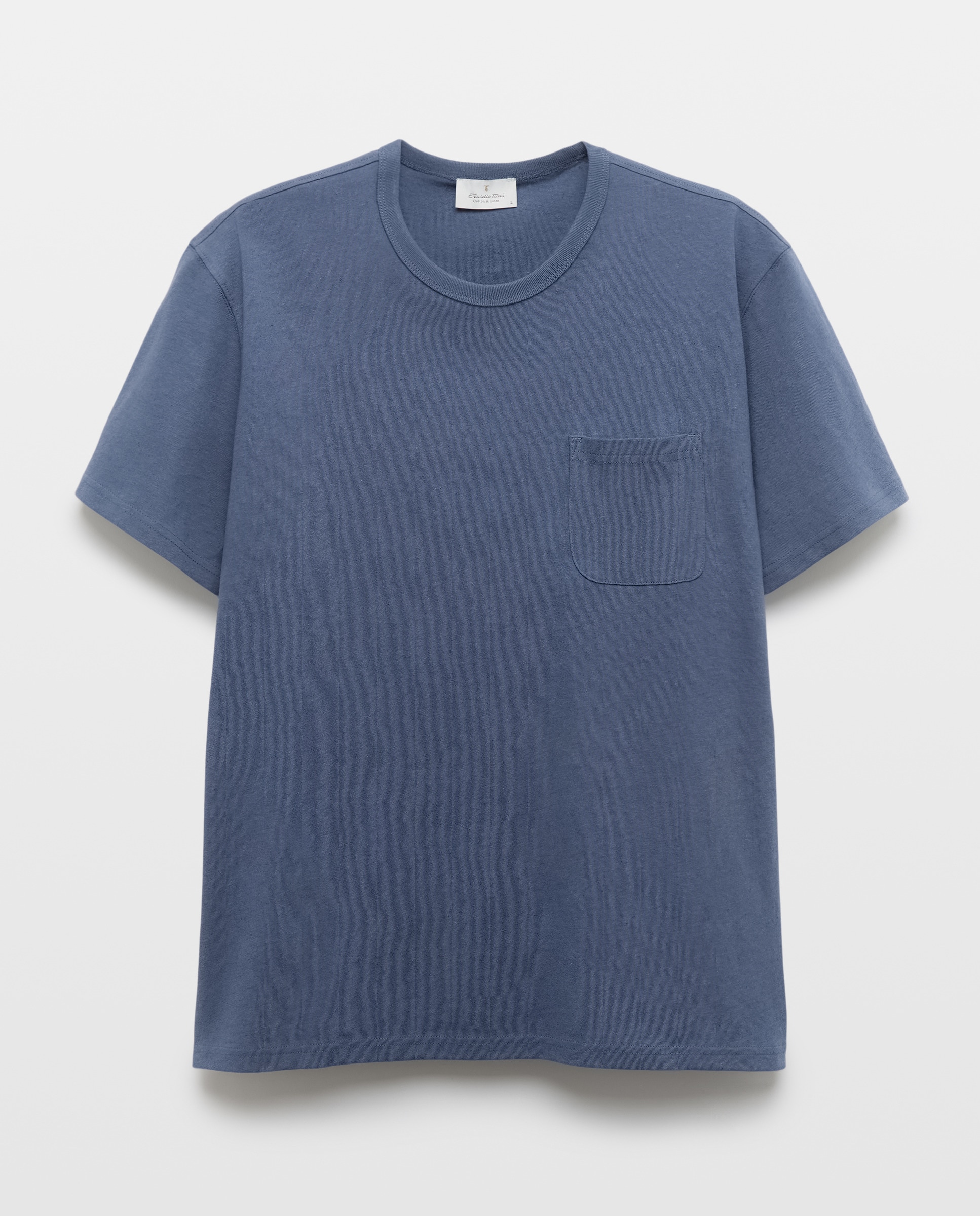 T-shirt Liso de Algodão e Linho com Gola Redonda Azul-marinho-4