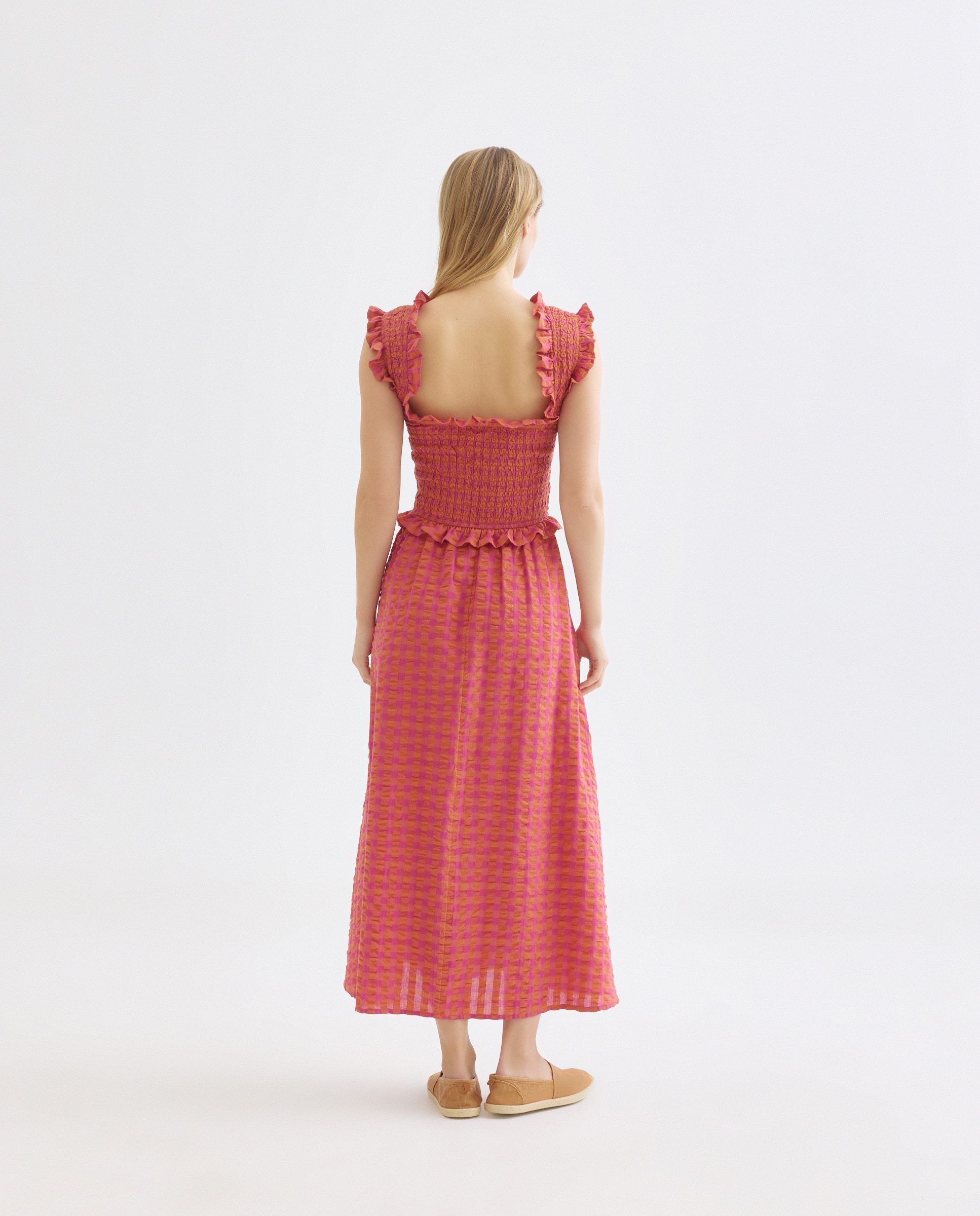 Vestido fruncido de mujer de cuadros Rosa-3