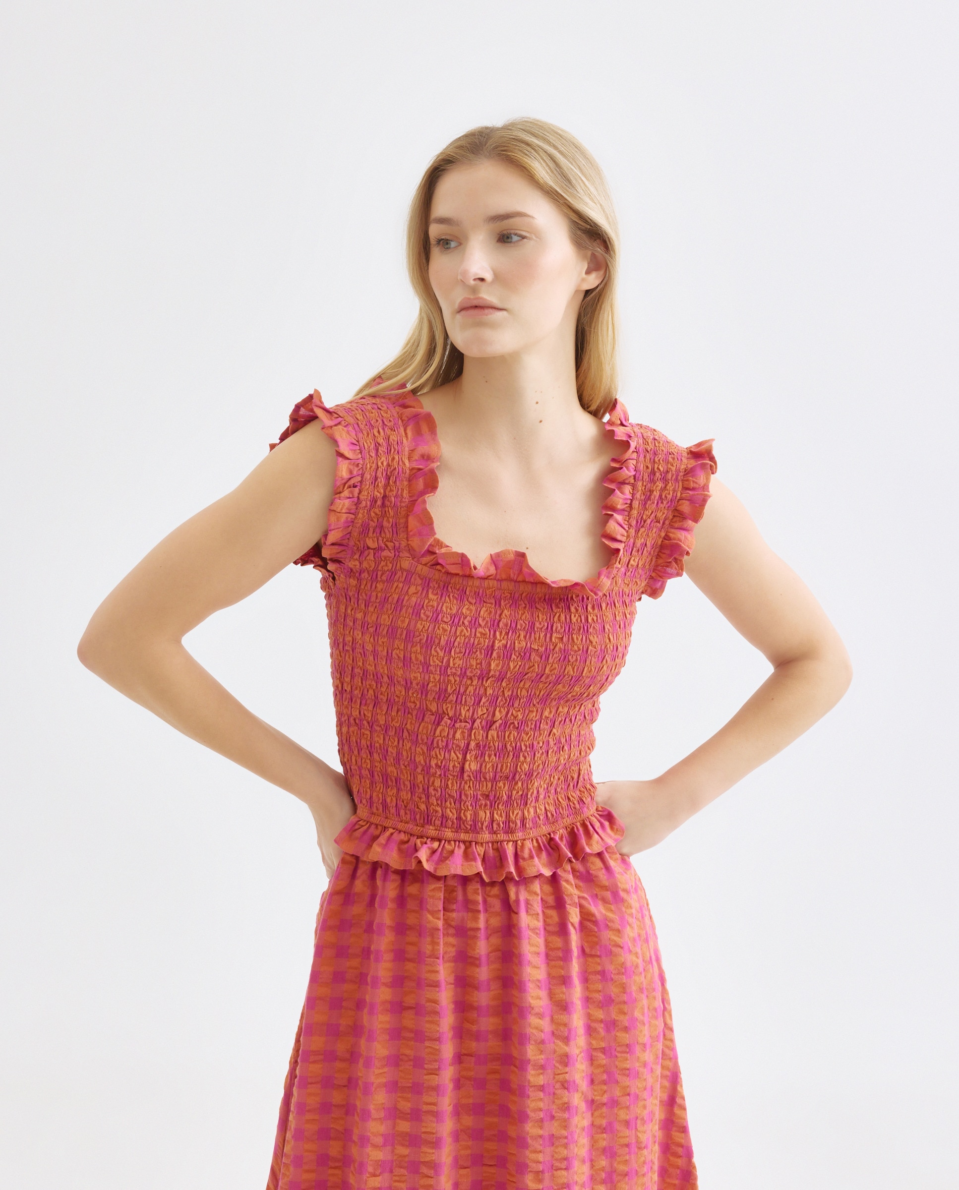 Vestido fruncido de mujer de cuadros Rosa-2