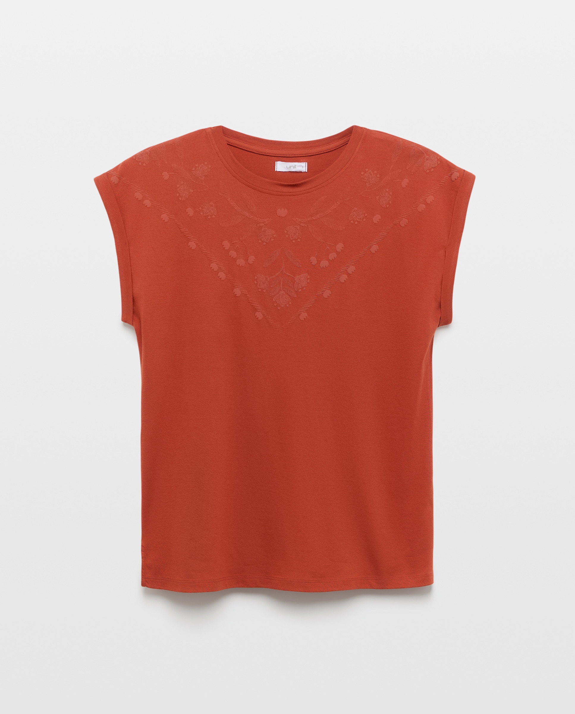 Camiseta de mujer cuello caja puff print Naranja quemado-4
