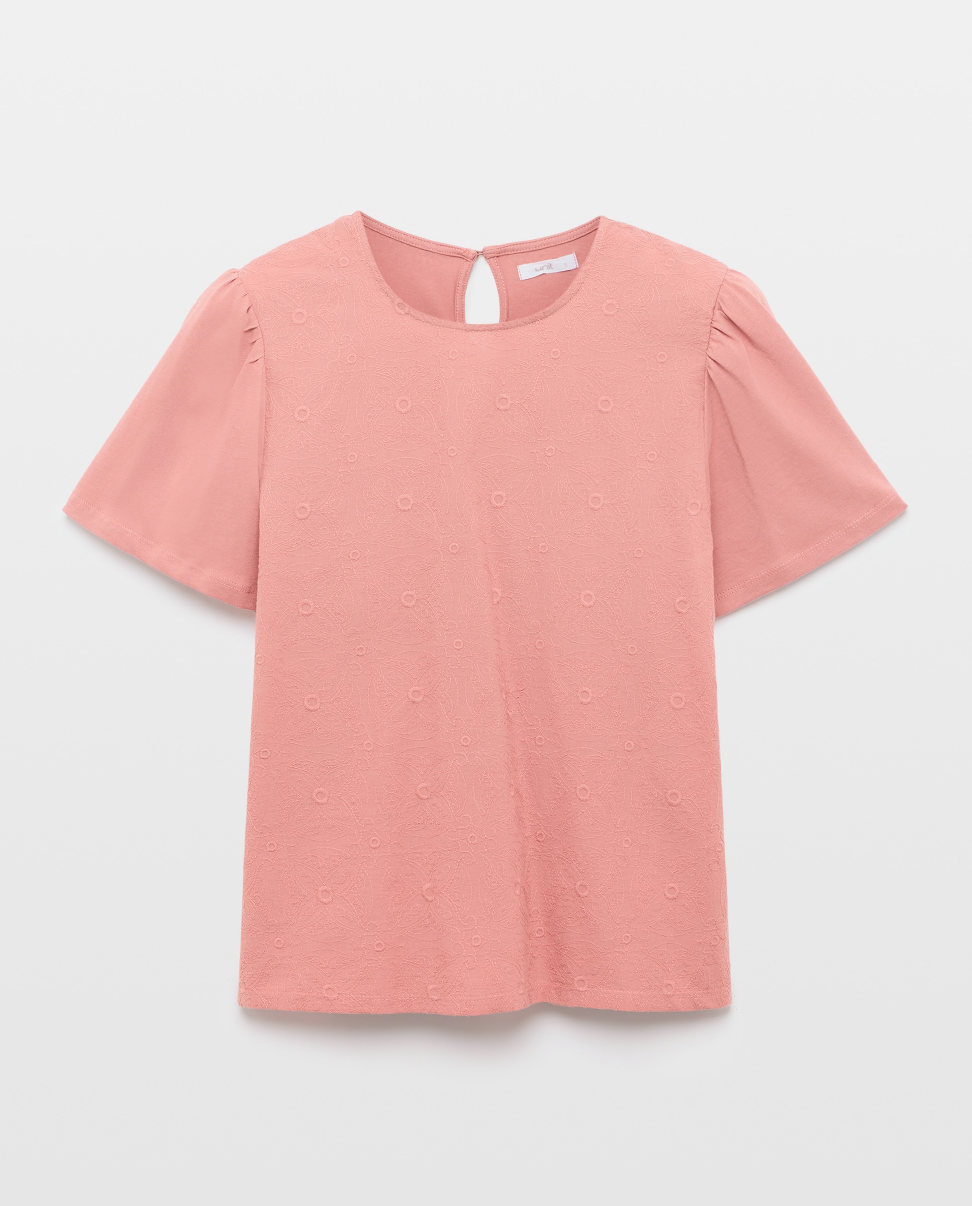 Camiseta de mujer cuello caja frontal calado Rosa oscuro-4