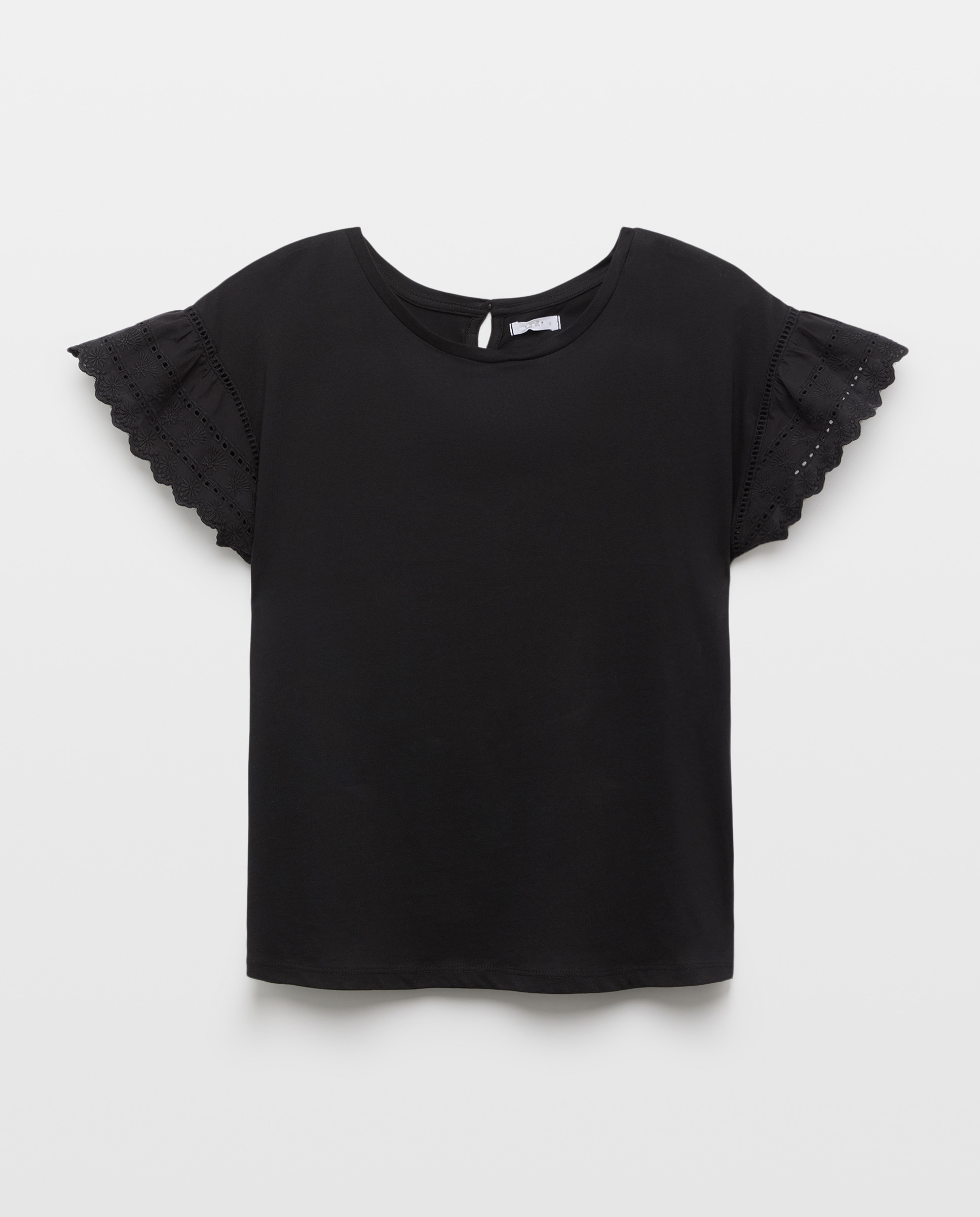 Camiseta de mujer cuello caja manga romántica Negro-4