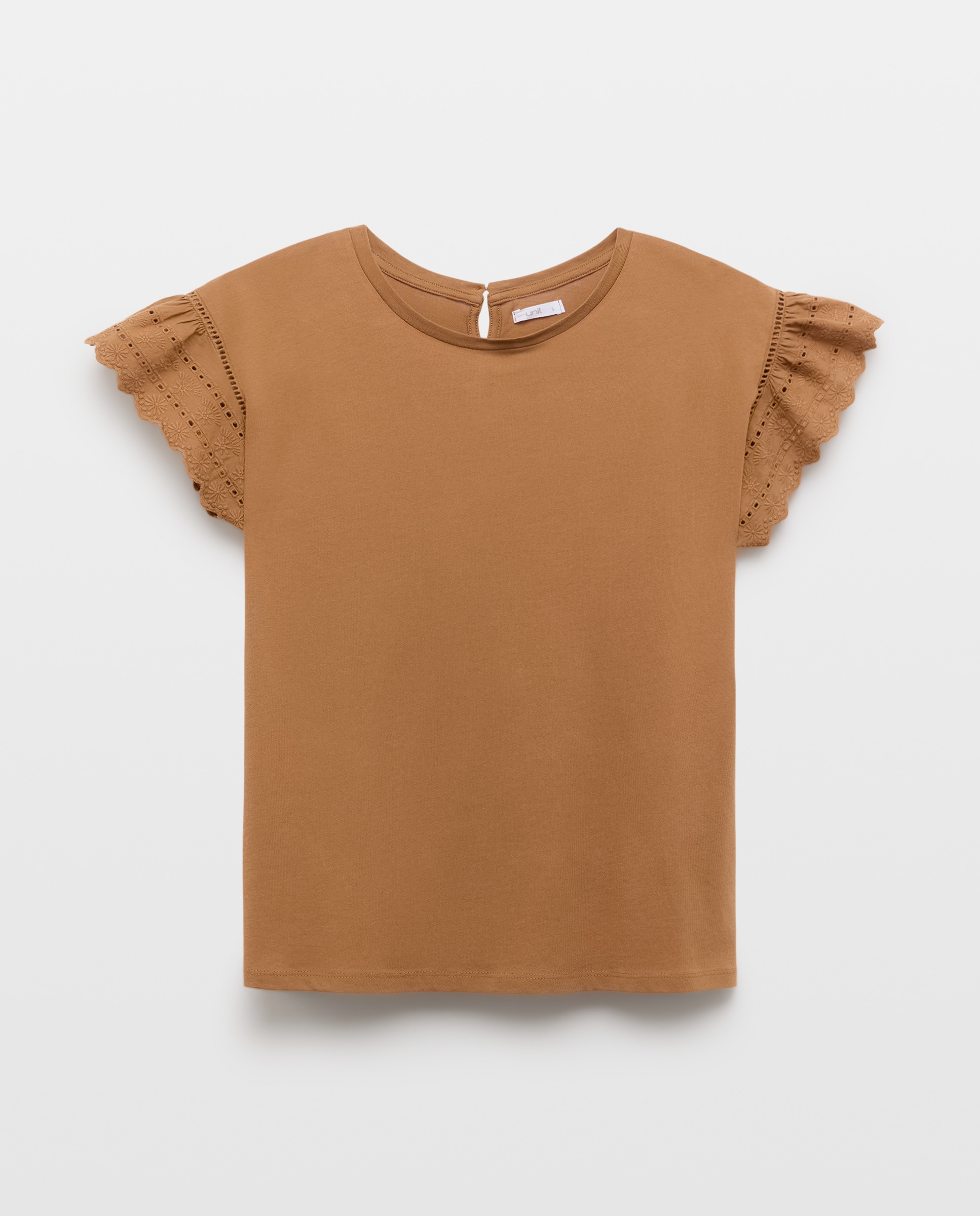 Camiseta de mujer cuello caja manga romántica Marrón-4