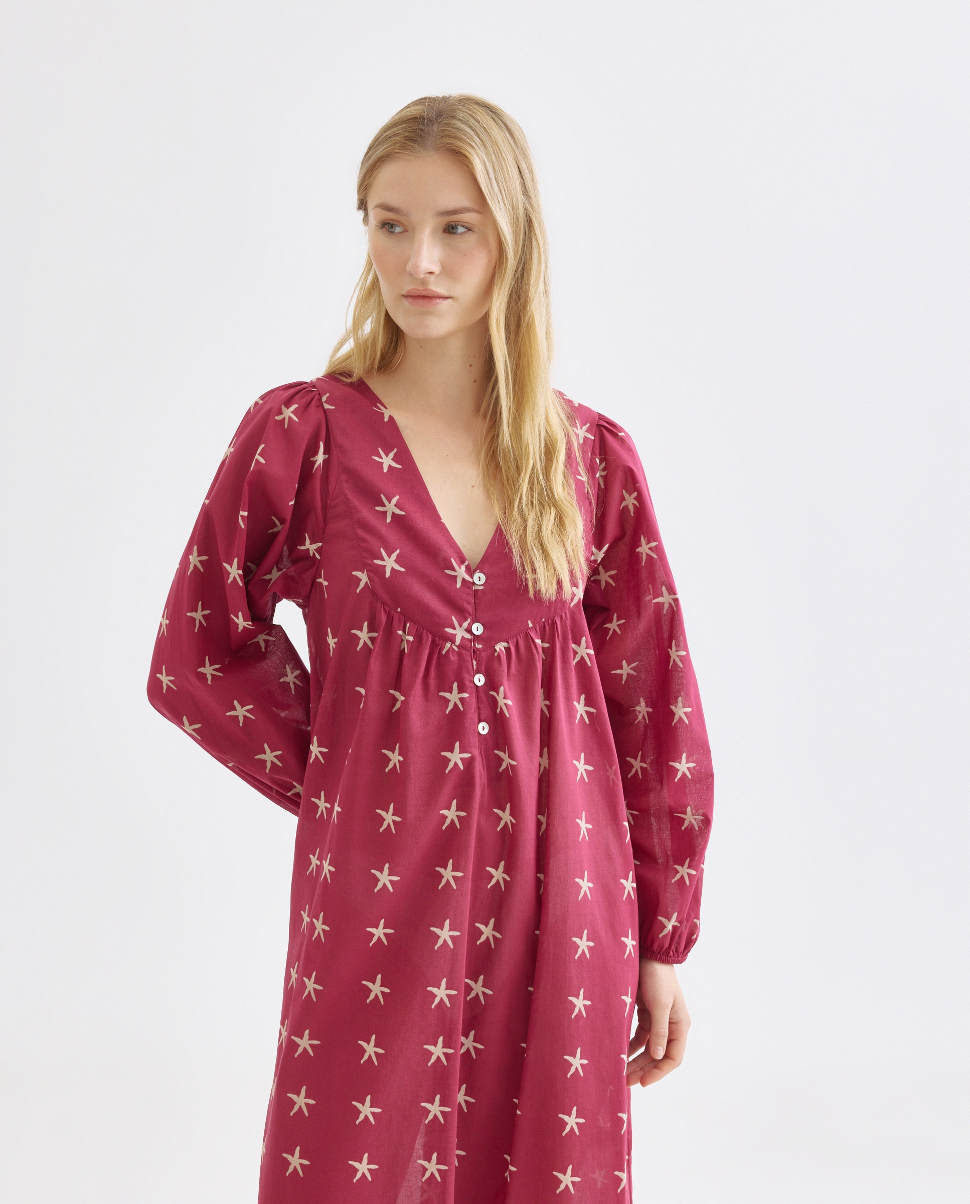 Caftán mujer largo algodón estampado Burdeos-2
