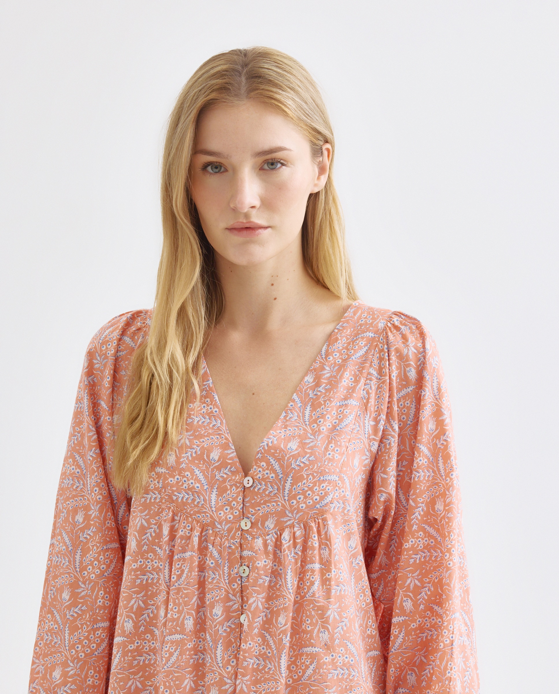Caftán mujer largo algodón estampado Naranja quemado-2