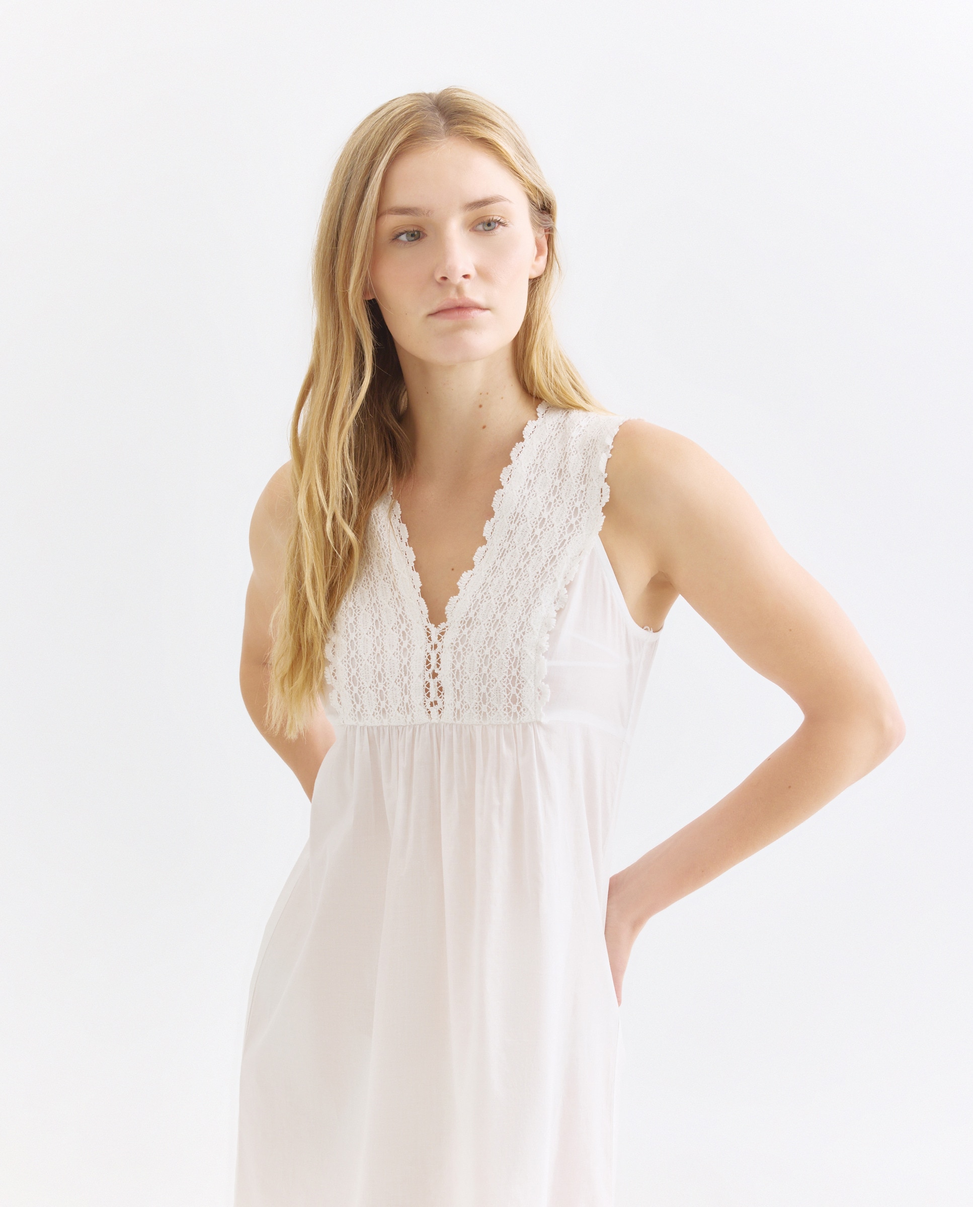 Camisón mujer algodón pico encaje Blanco roto-2