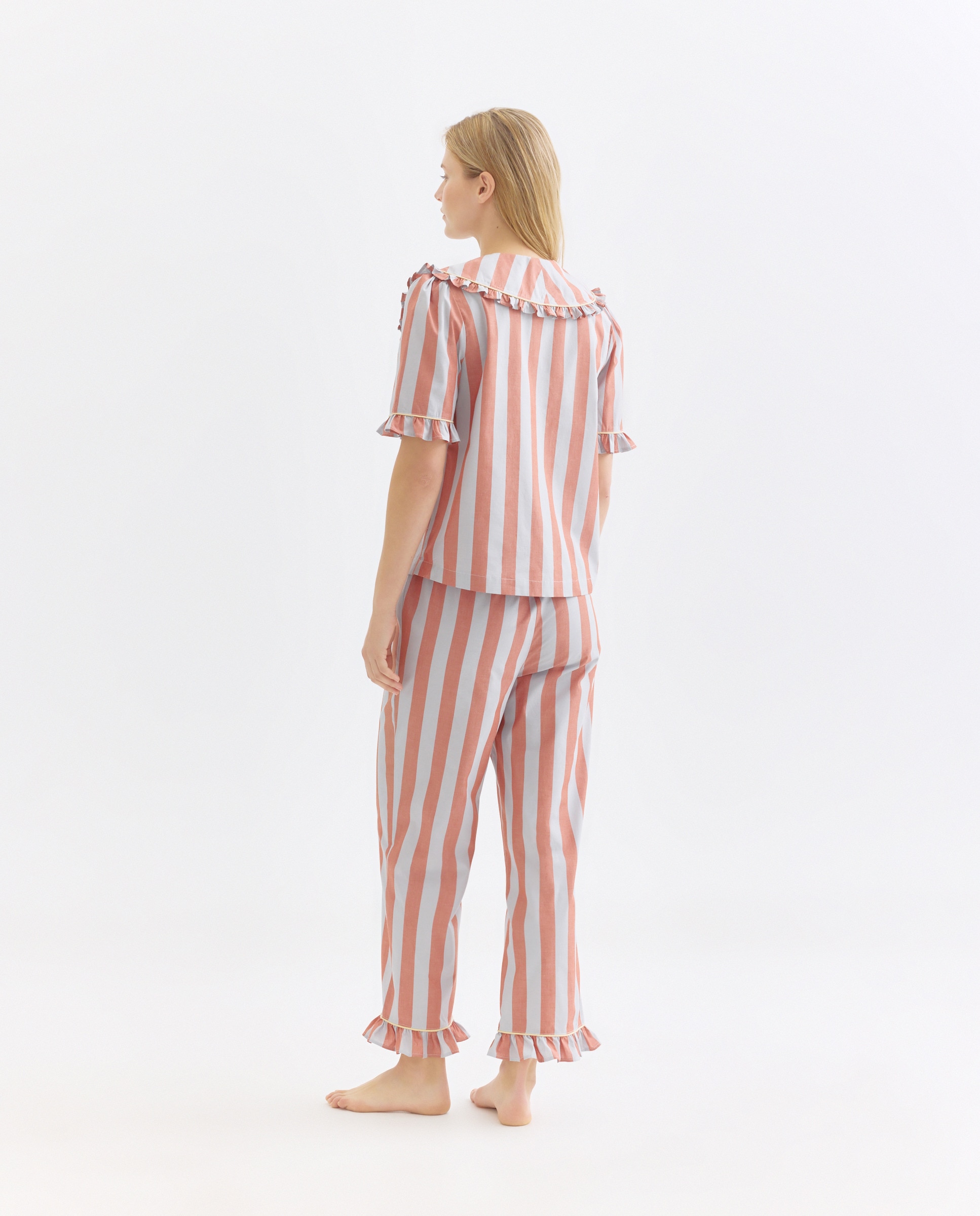 Pijama mujer algodón cuello minivolante 660 Naranja-2