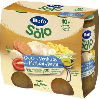 tarritos de guiso de verduras con merluza y pasta para masticar desde 10 meses pack 2 envases 235 g - Hero Solo