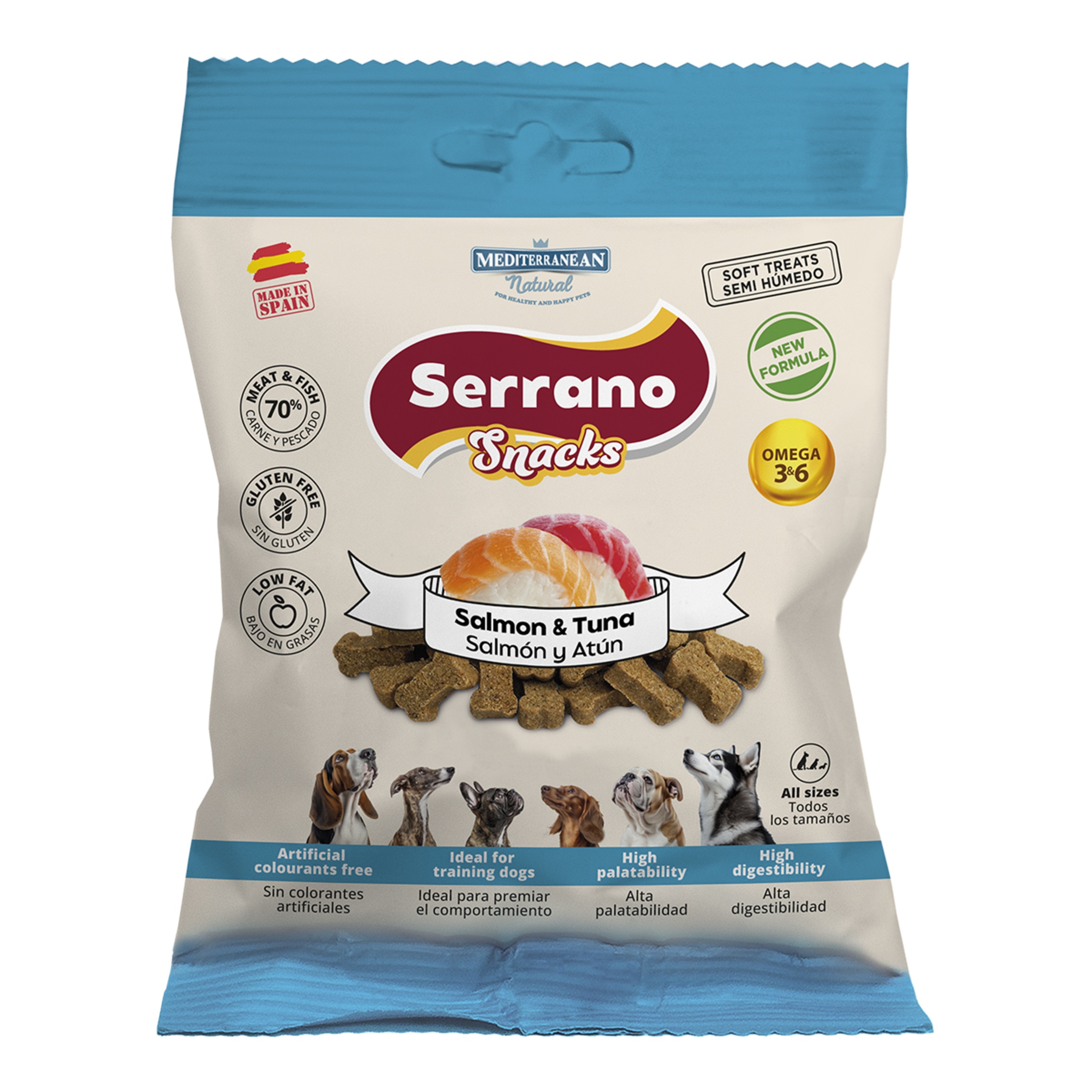 Imagen 0 de Snack para perros Mediterranean Natural Serrano salmón y atún 85 g