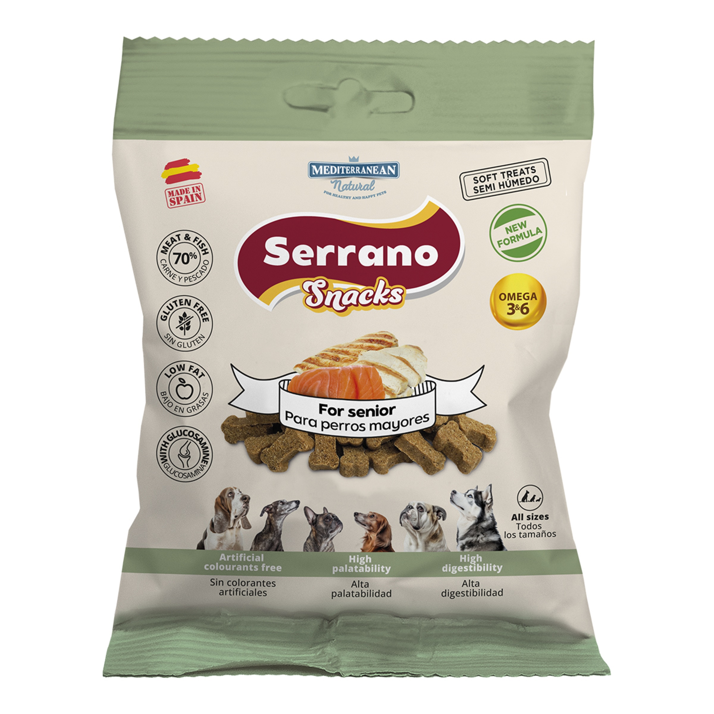 Imagen 0 de Snack para perros sénior natural Mediterranean jamón, pavo, salmón y atún 85 g