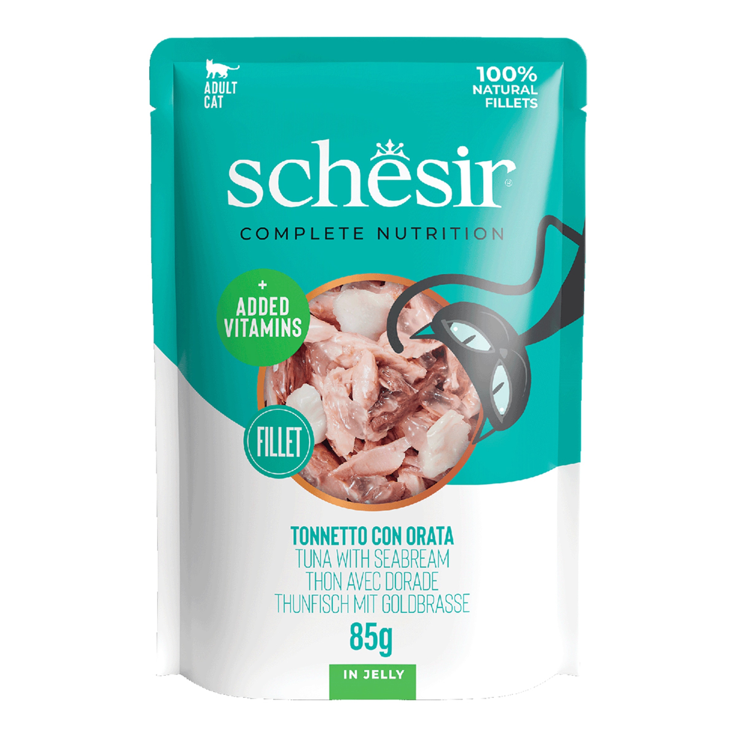 Imagen 0 de Comida húmeda para gatos adultos Schesir atún con dorada en gelatina 85 g