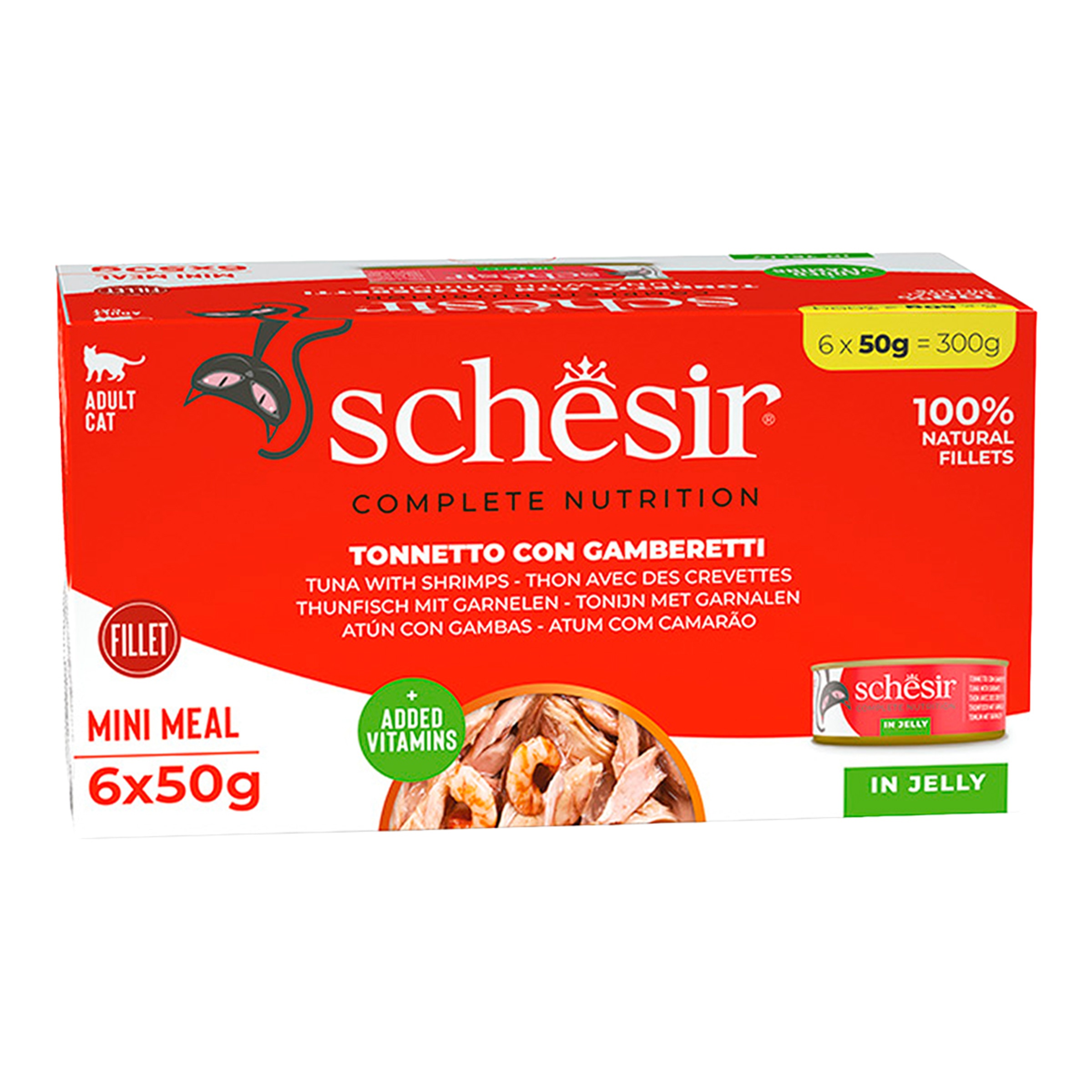 Imagen 0 de Comida húmeda para gatos adultos Schesir atún con gambas 6 x 50 g