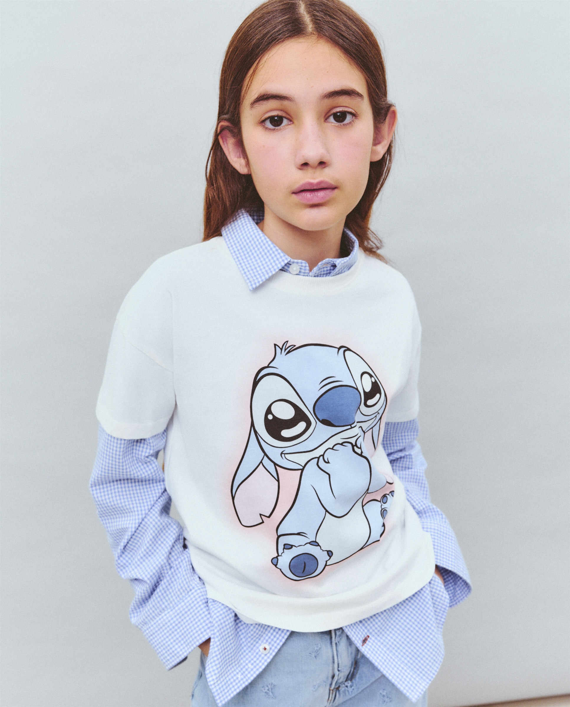 T-shirt de Manga Curta com Estampado Posicional Stitch Primeiro Plano Branco-1