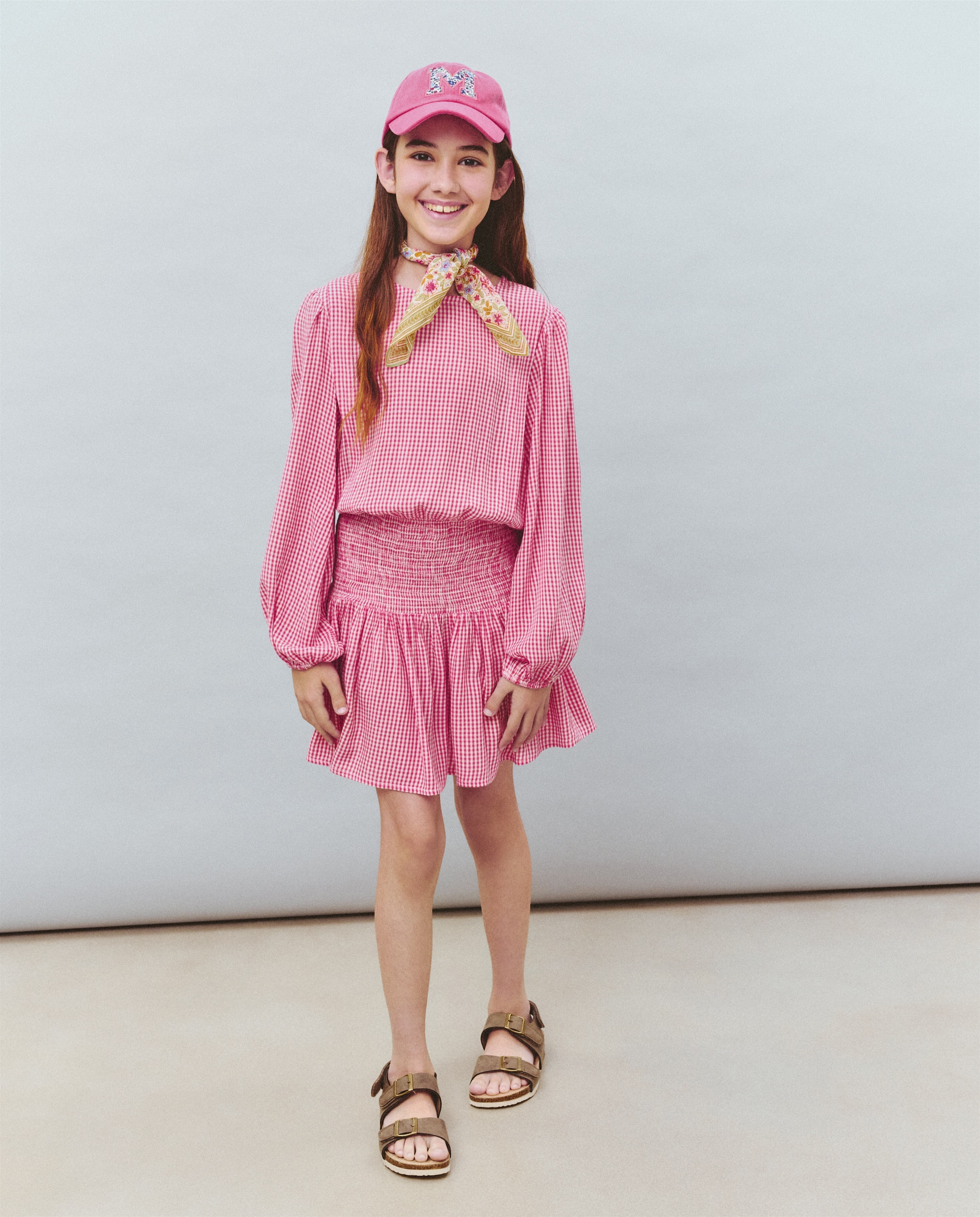 Vestido de Viscose com Manga Comprida, Smock na Cintura e Fantasia Vermelho-1