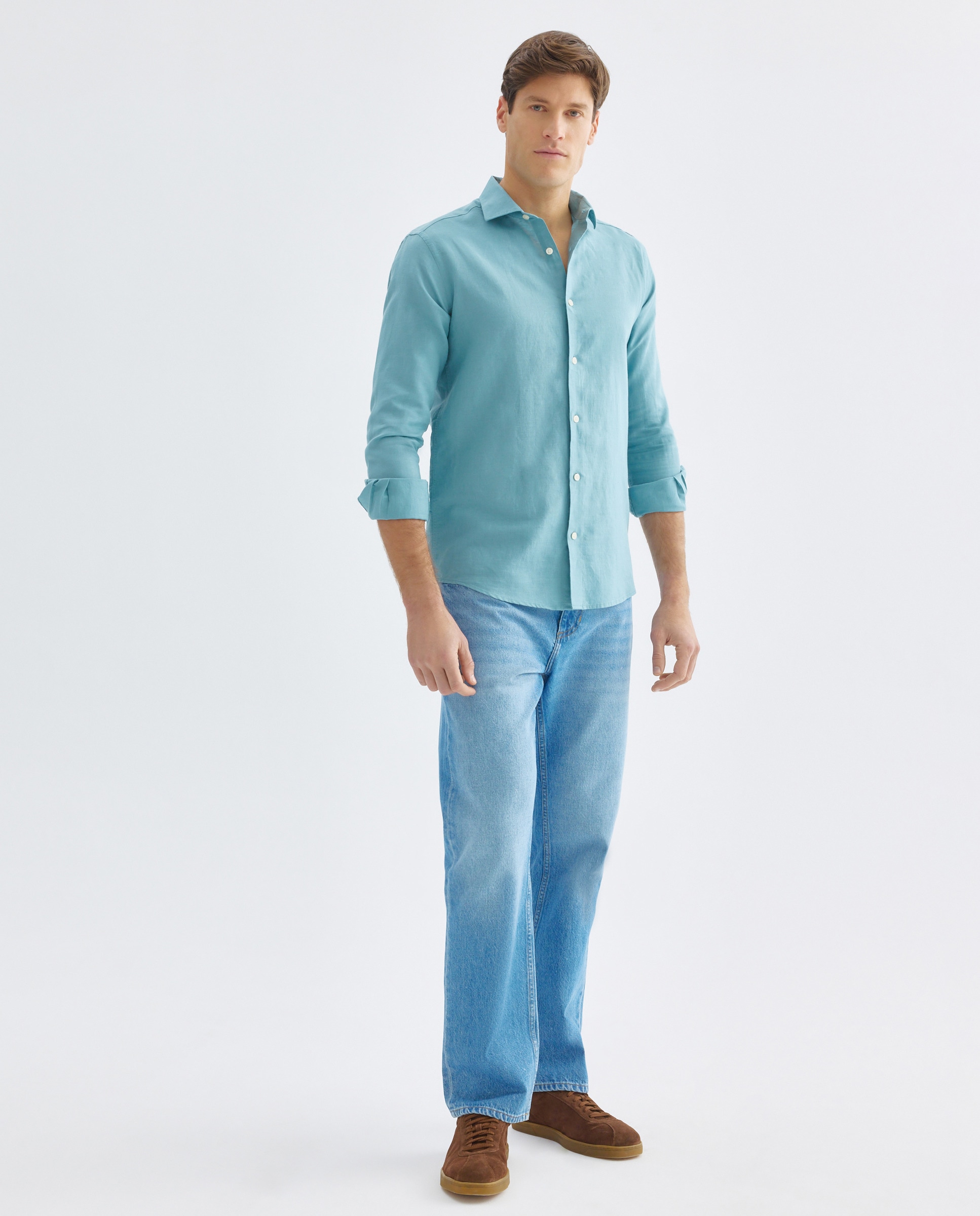 Camisa sport hombre lino y algodón lisa 582 Verde agua-2