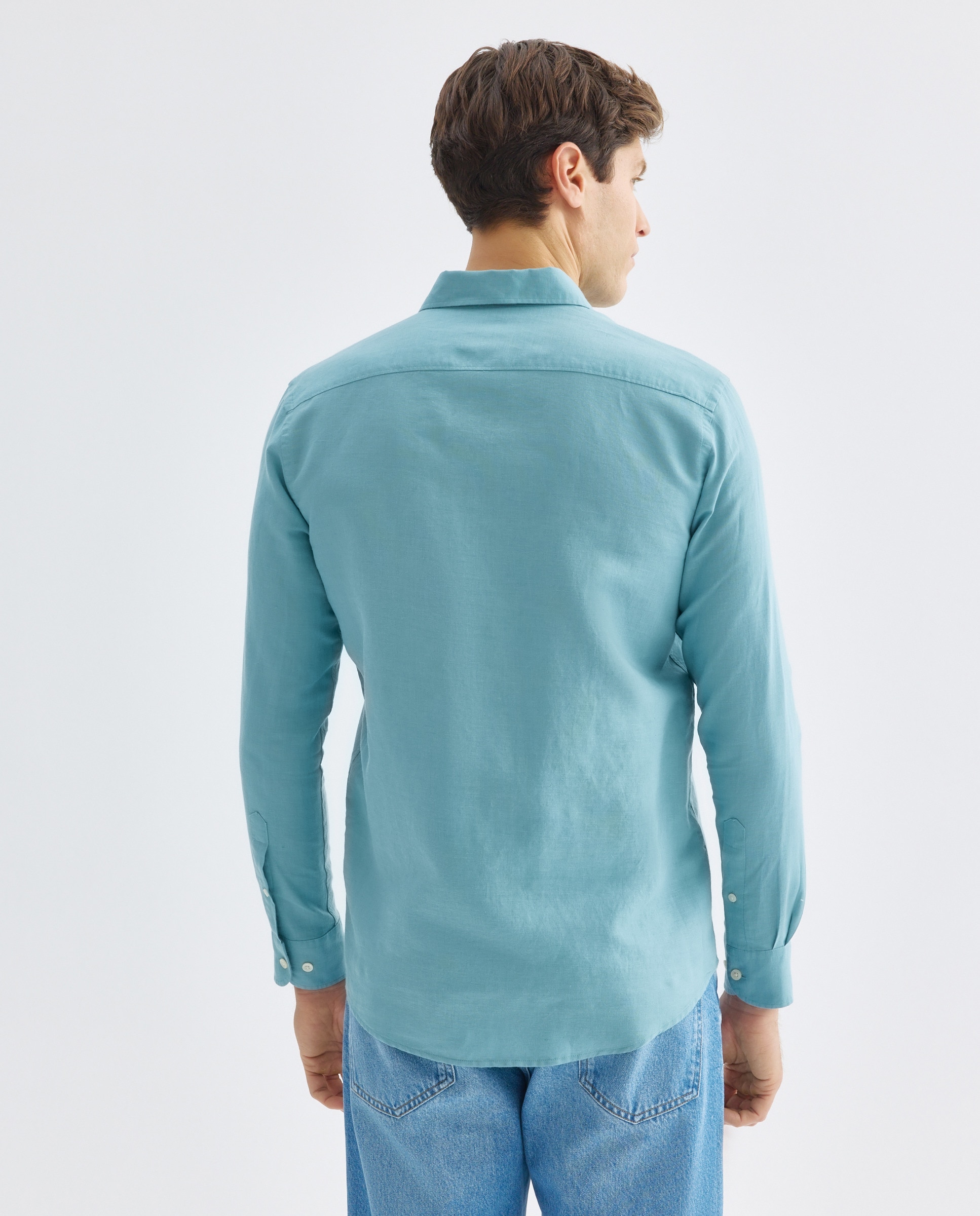 Camisa sport hombre lino y algodón lisa 582 Verde agua-3