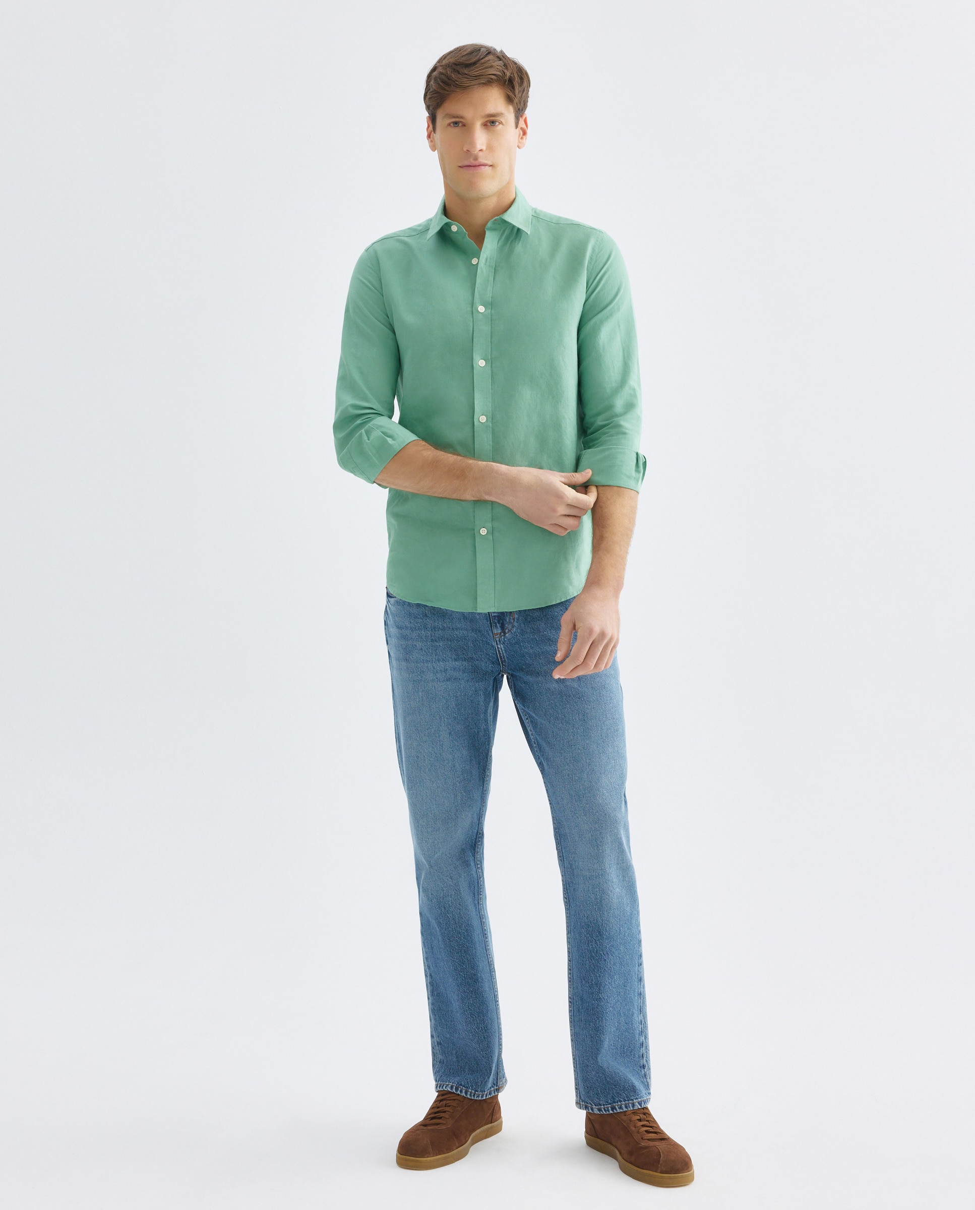 Camisa sport hombre lino y algodón lisa Verde-2