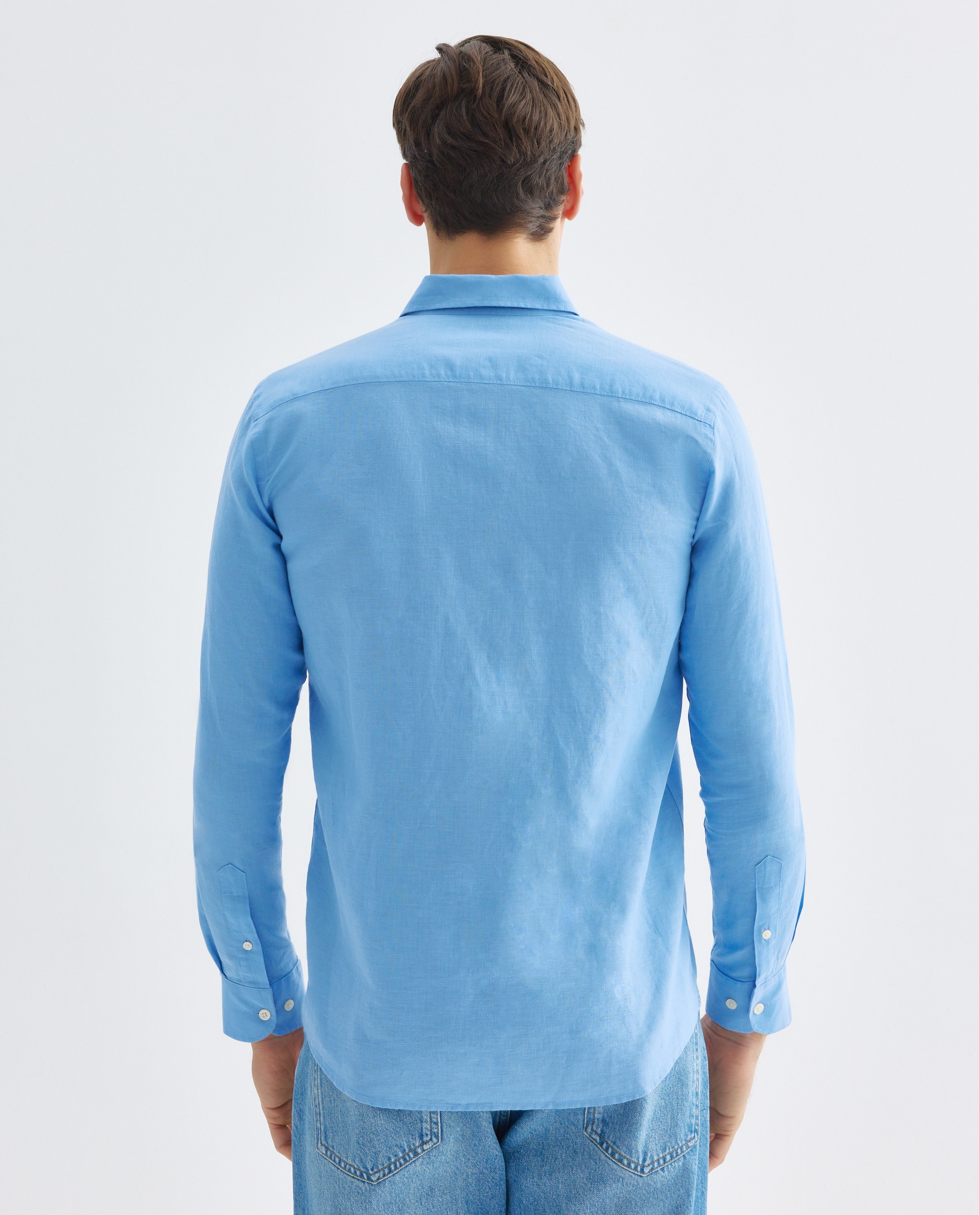 Camisa sport hombre lino y algodón lisa 400 Azul-3