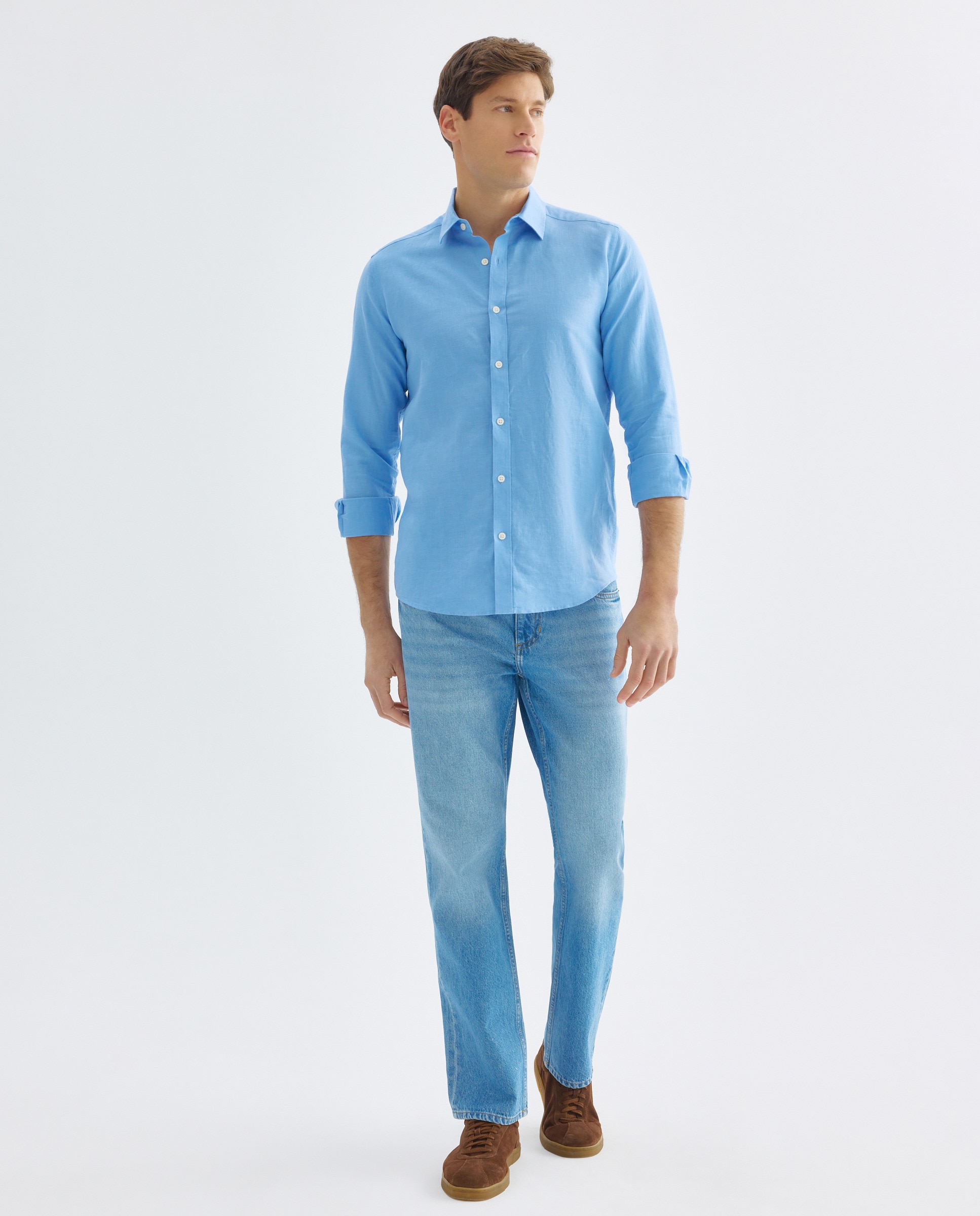 Camisa sport hombre lino y algodón lisa 400 Azul-2