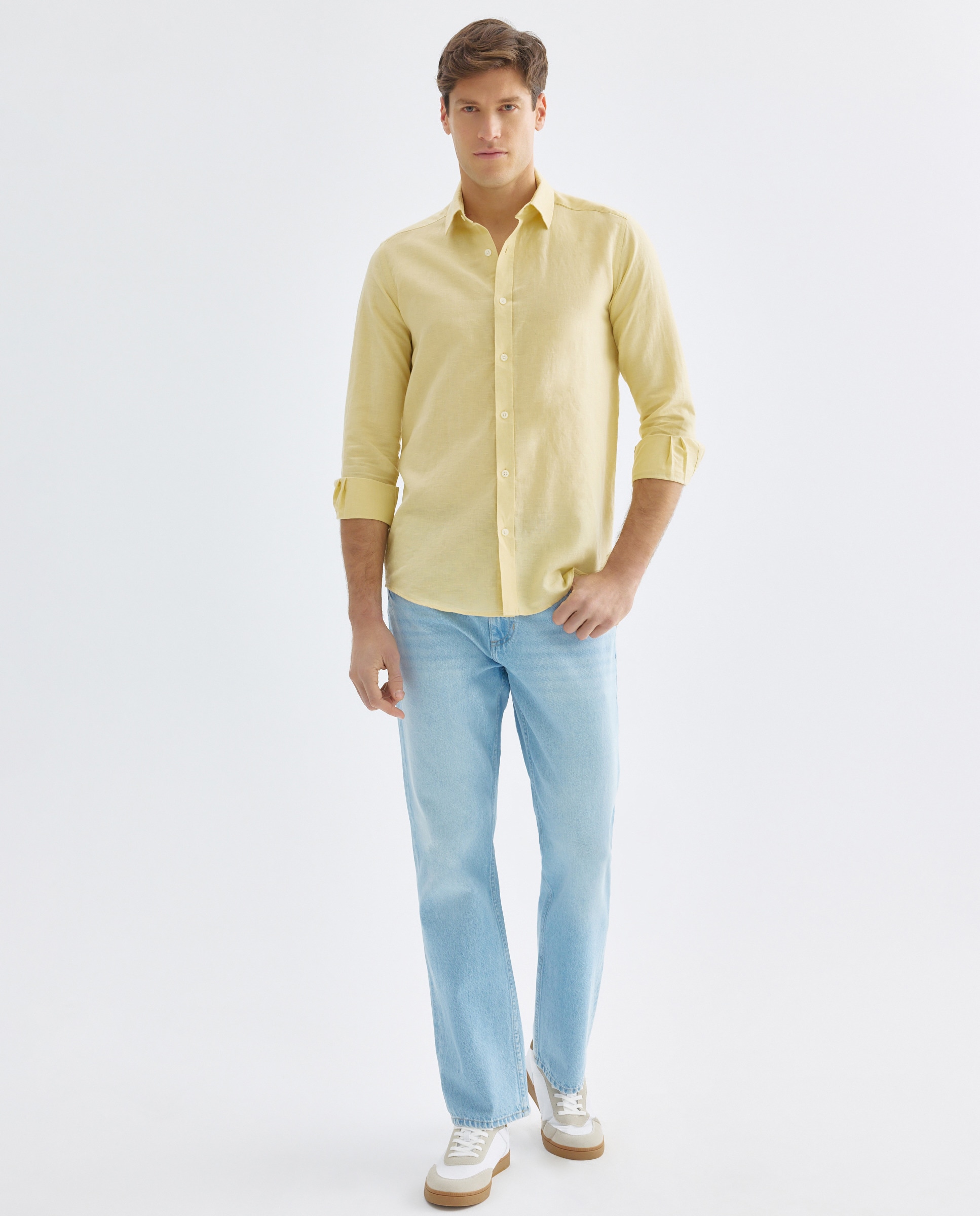 Camisa sport hombre lino y algodón lisa 310 Amarillo claro-2