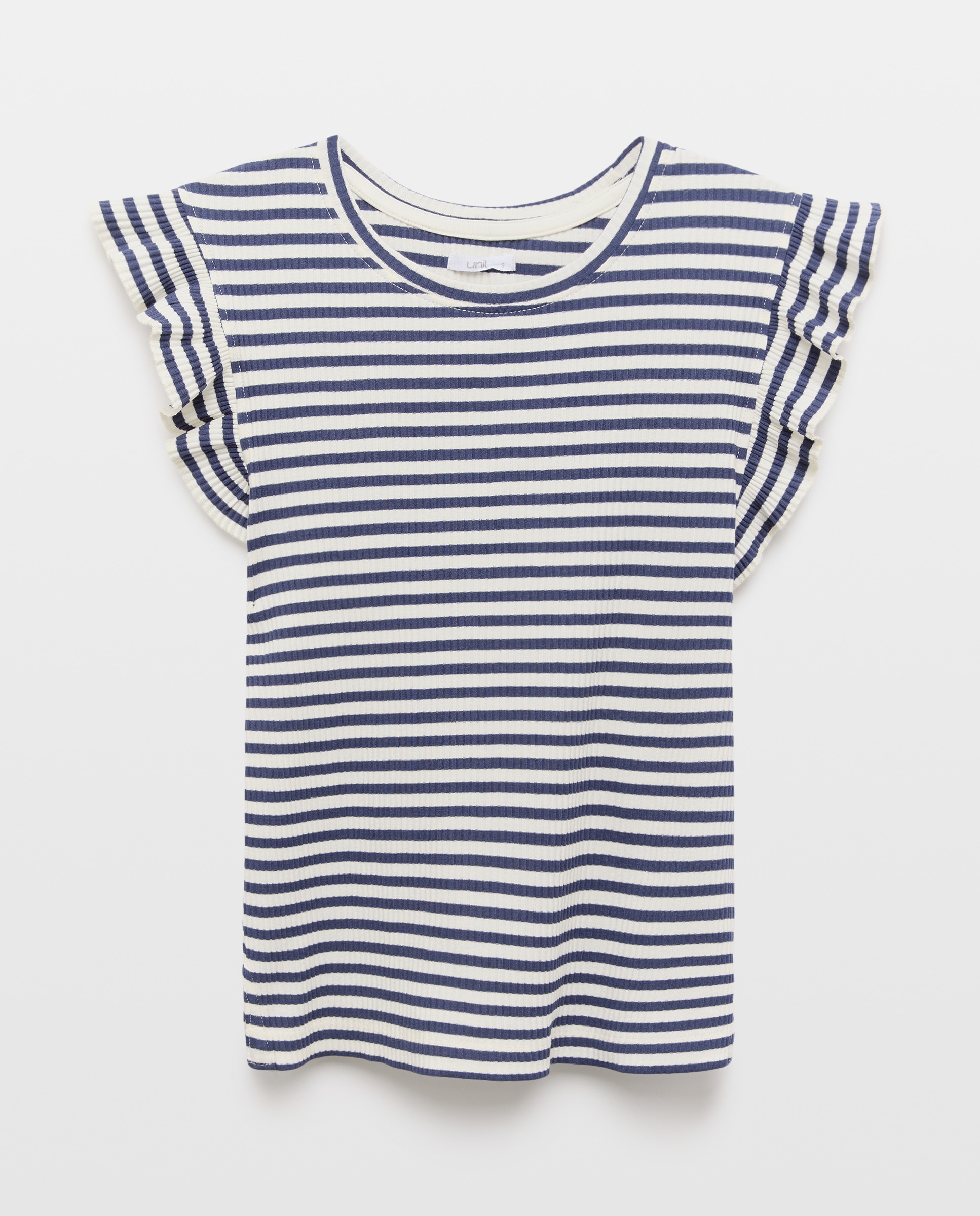 Camiseta de mujer cuello caja canalé manga volantes Azul-4