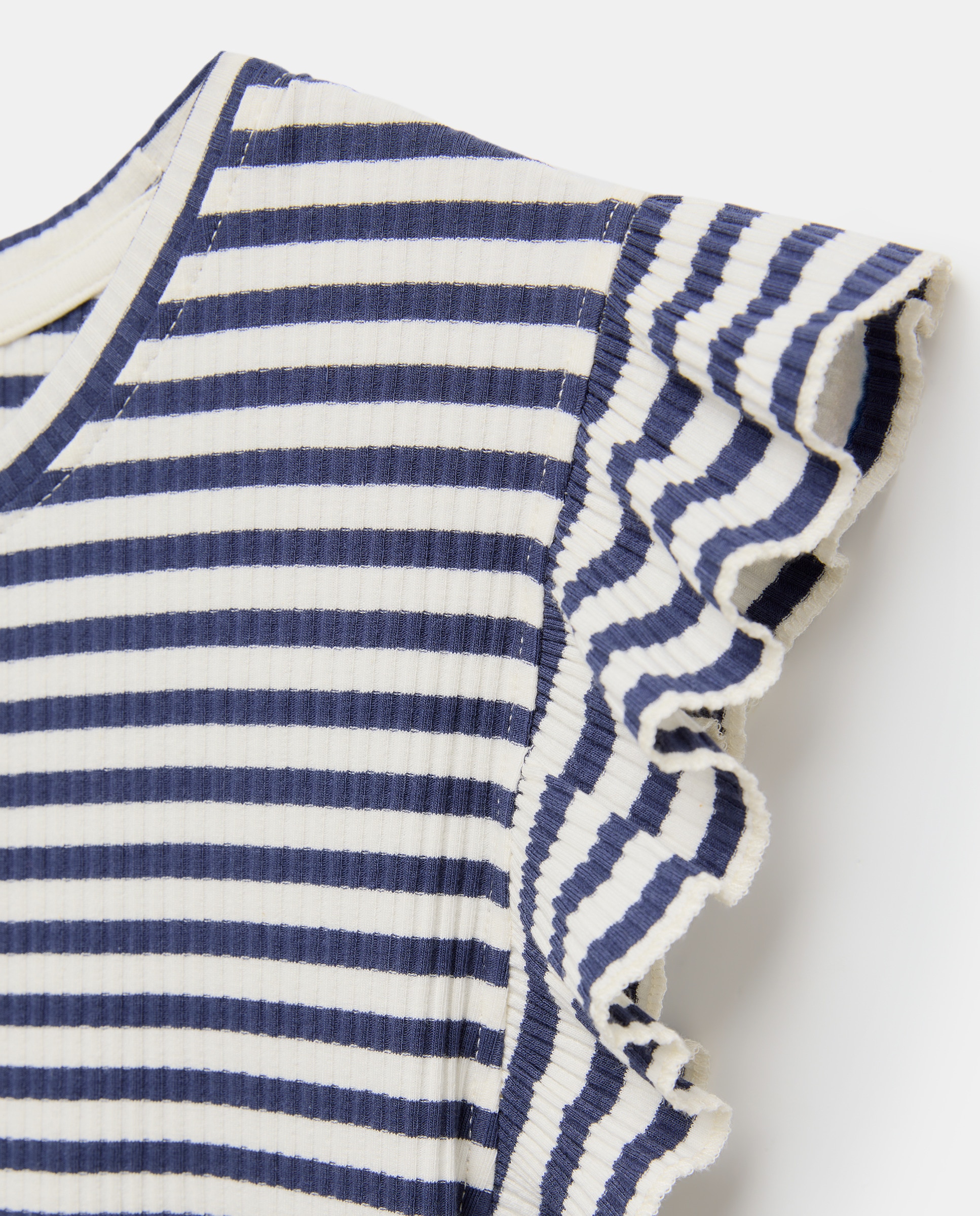 Camiseta de mujer cuello caja canalé manga volantes Azul-5