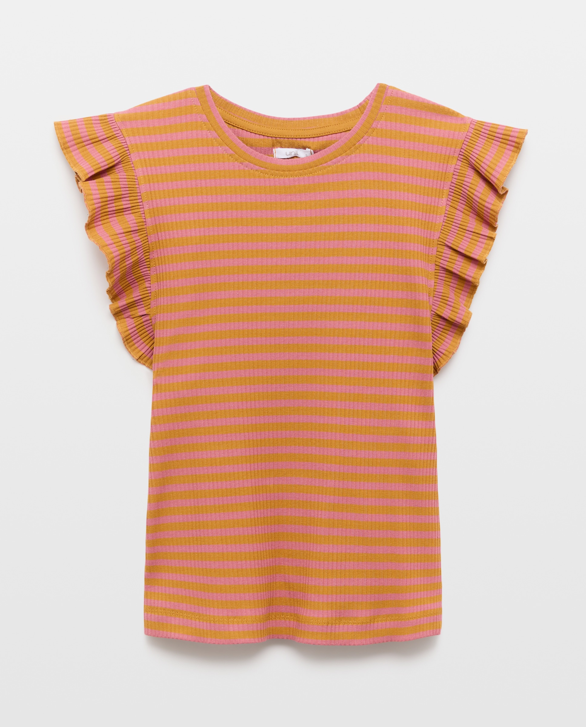 Camiseta de mujer cuello caja canalé manga volantes Rosa-4