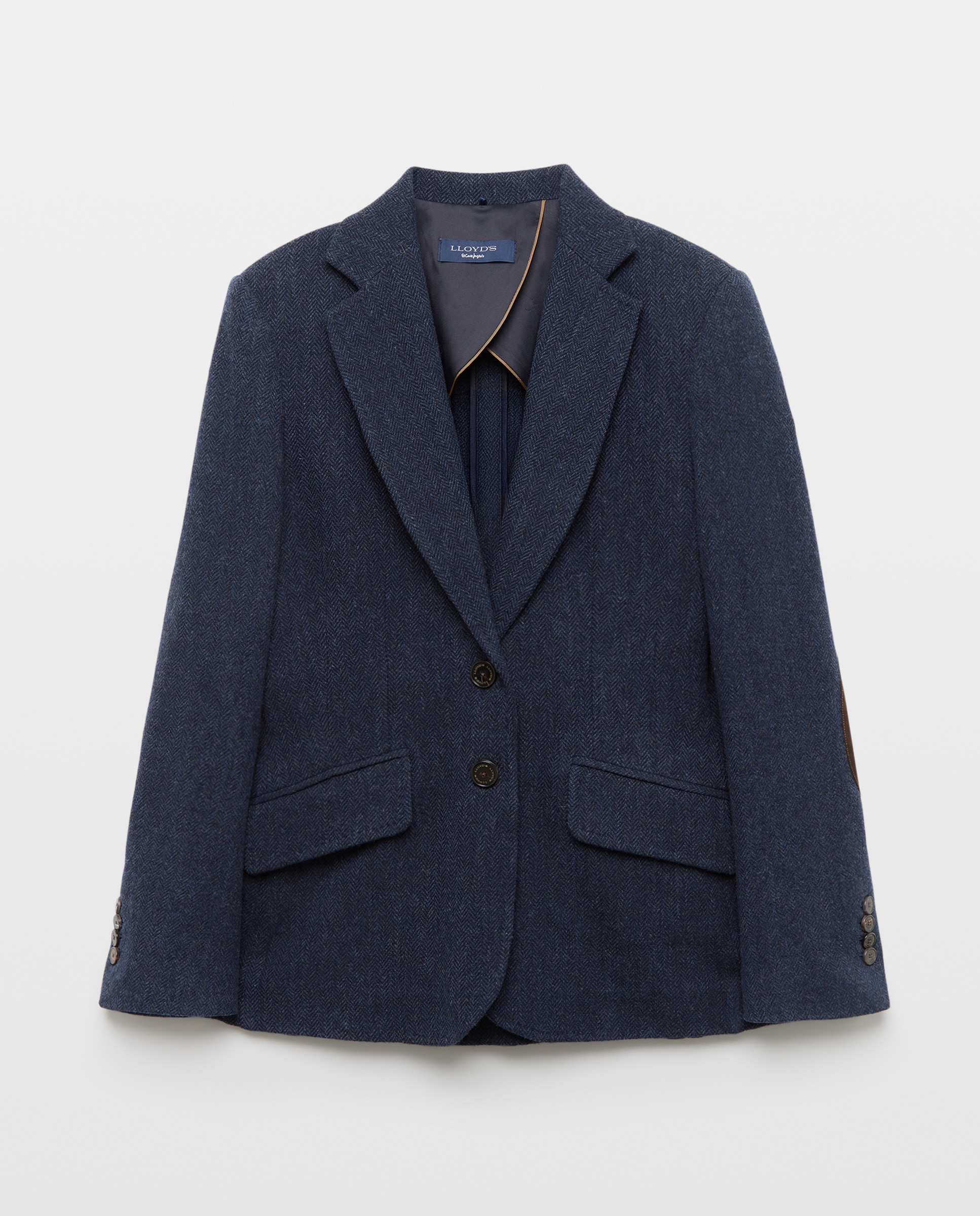 Blazer de Lã com Padrão Espinha de Peixe e Cotoveleiras Azul-marinho-4