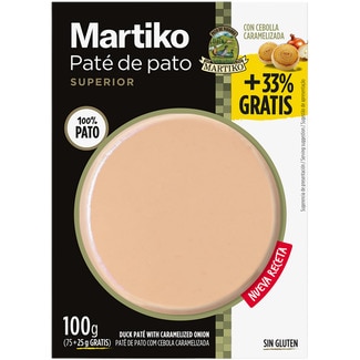 paté de pato superior con cebolla caramelizada sin gluten envase 75 g +33% gratis - Martiko