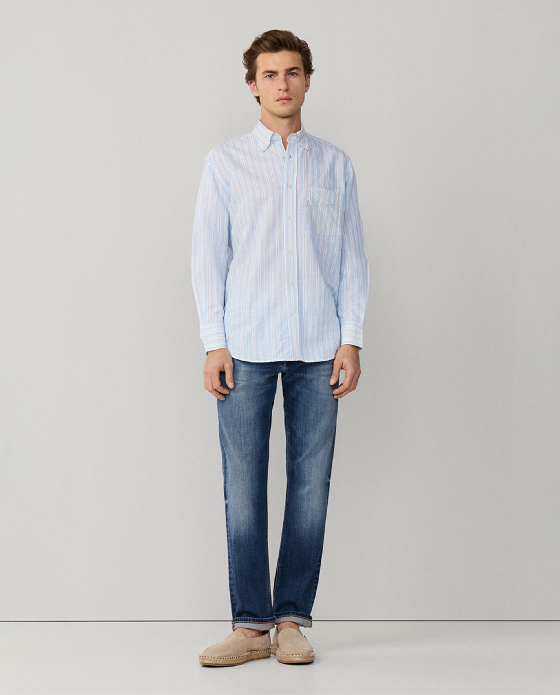 Camisa de Linho de Algodão às Riscas Fit Club Azul-10