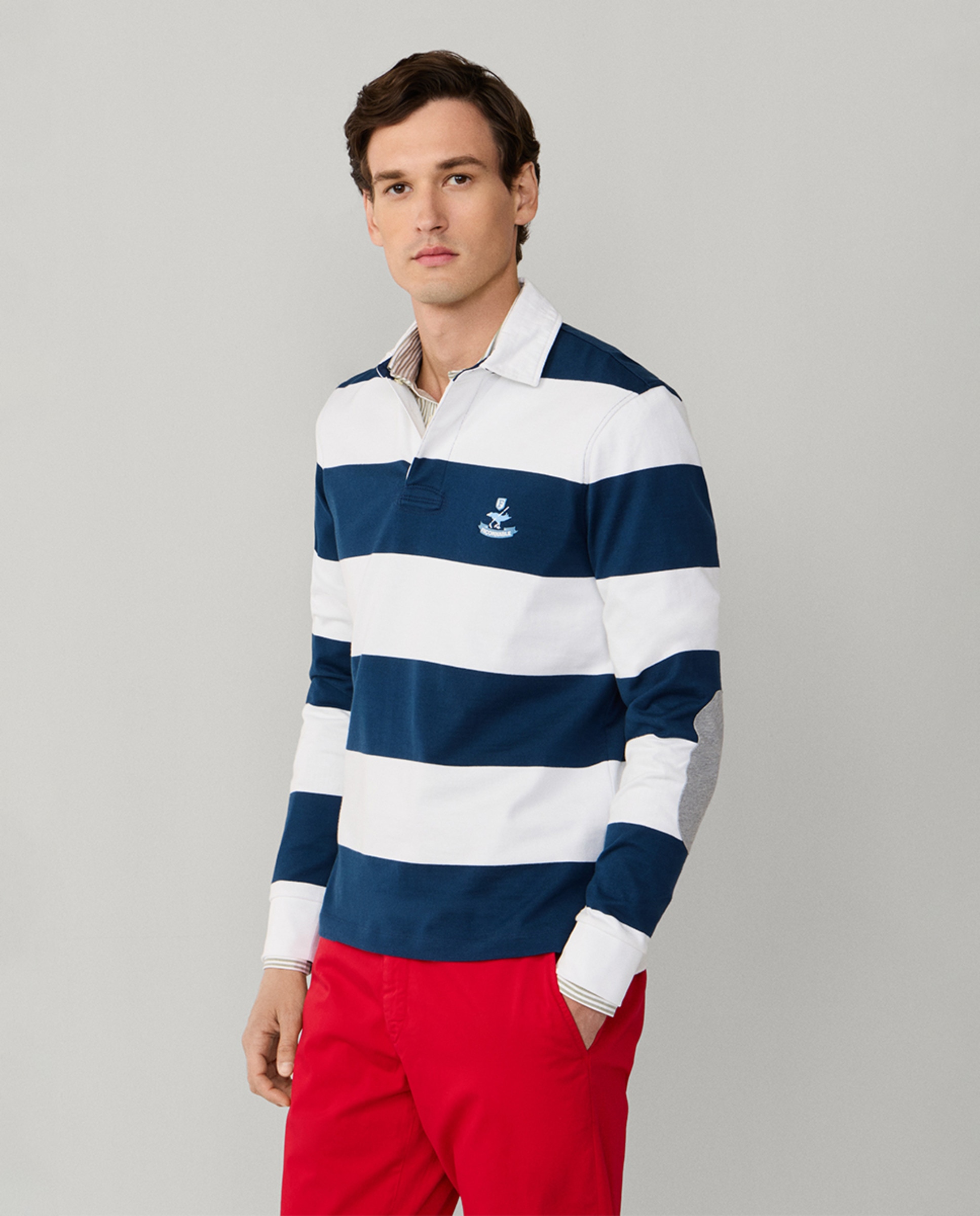 Polo de Rugby às Riscas com Manga Comprida Branco-5