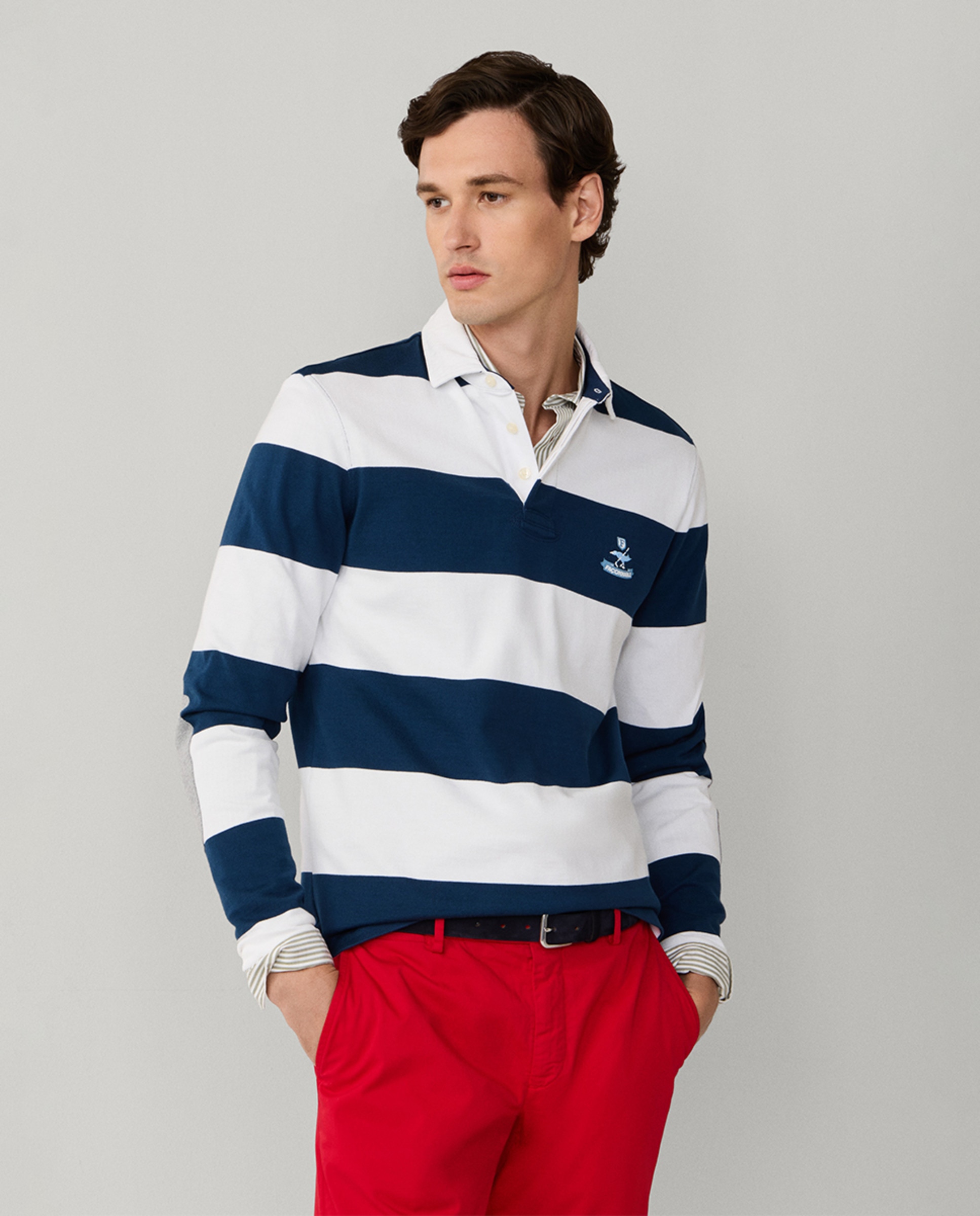 Polo de Rugby às Riscas com Manga Comprida Branco-4