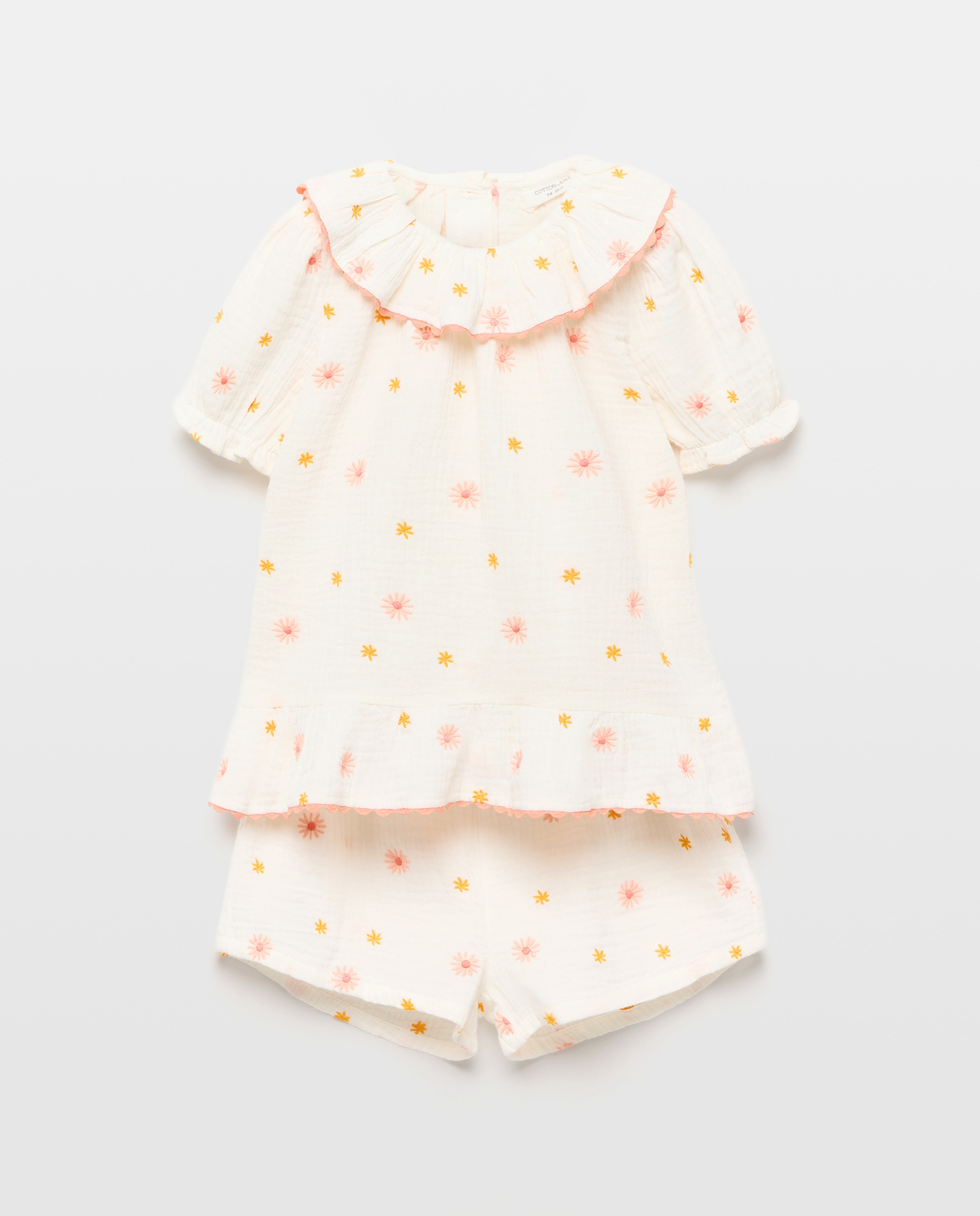 Pijama Curto de Chiffon com Bordado Floral Cotton Juice Branco-4