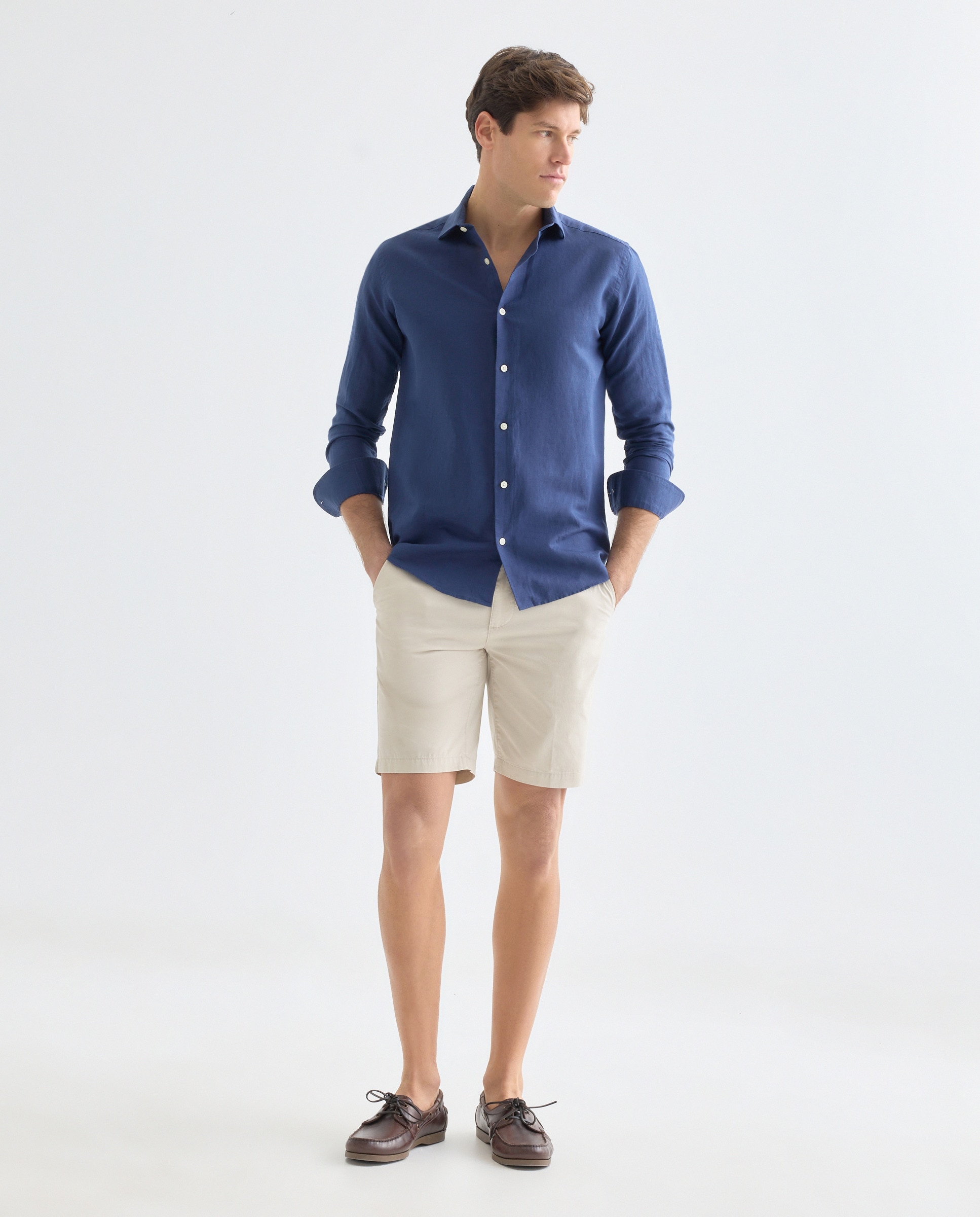 Camisa sport hombre lino y algodón lisa Azul marino-2