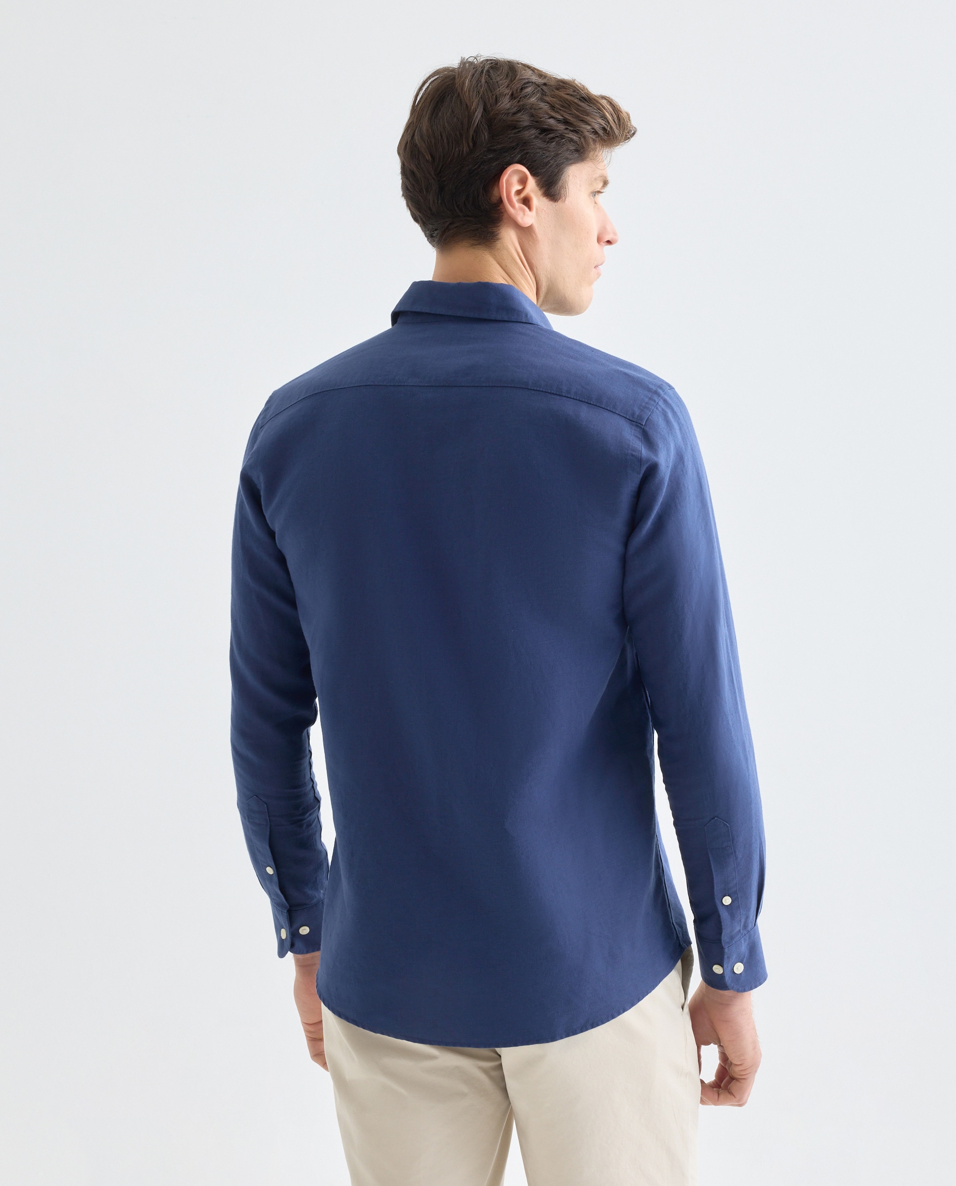 Camisa sport hombre lino y algodón lisa Azul marino-3