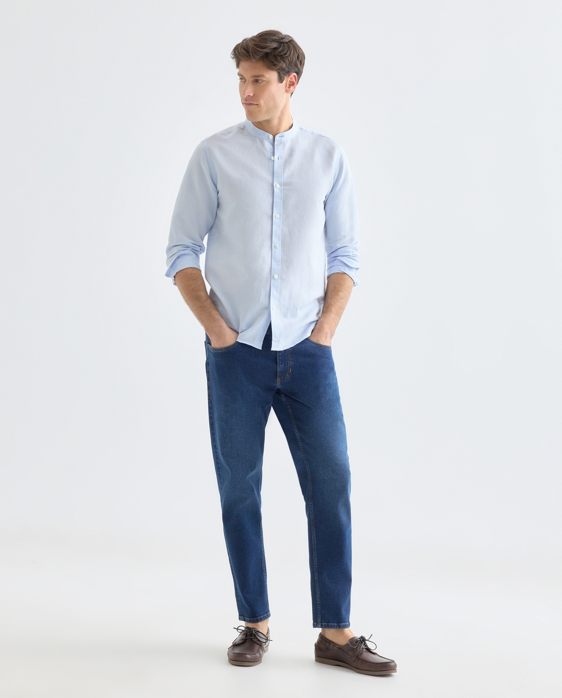 Camisa sport hombre lino y algodón lisa cuello mao 410 Azul claro-2