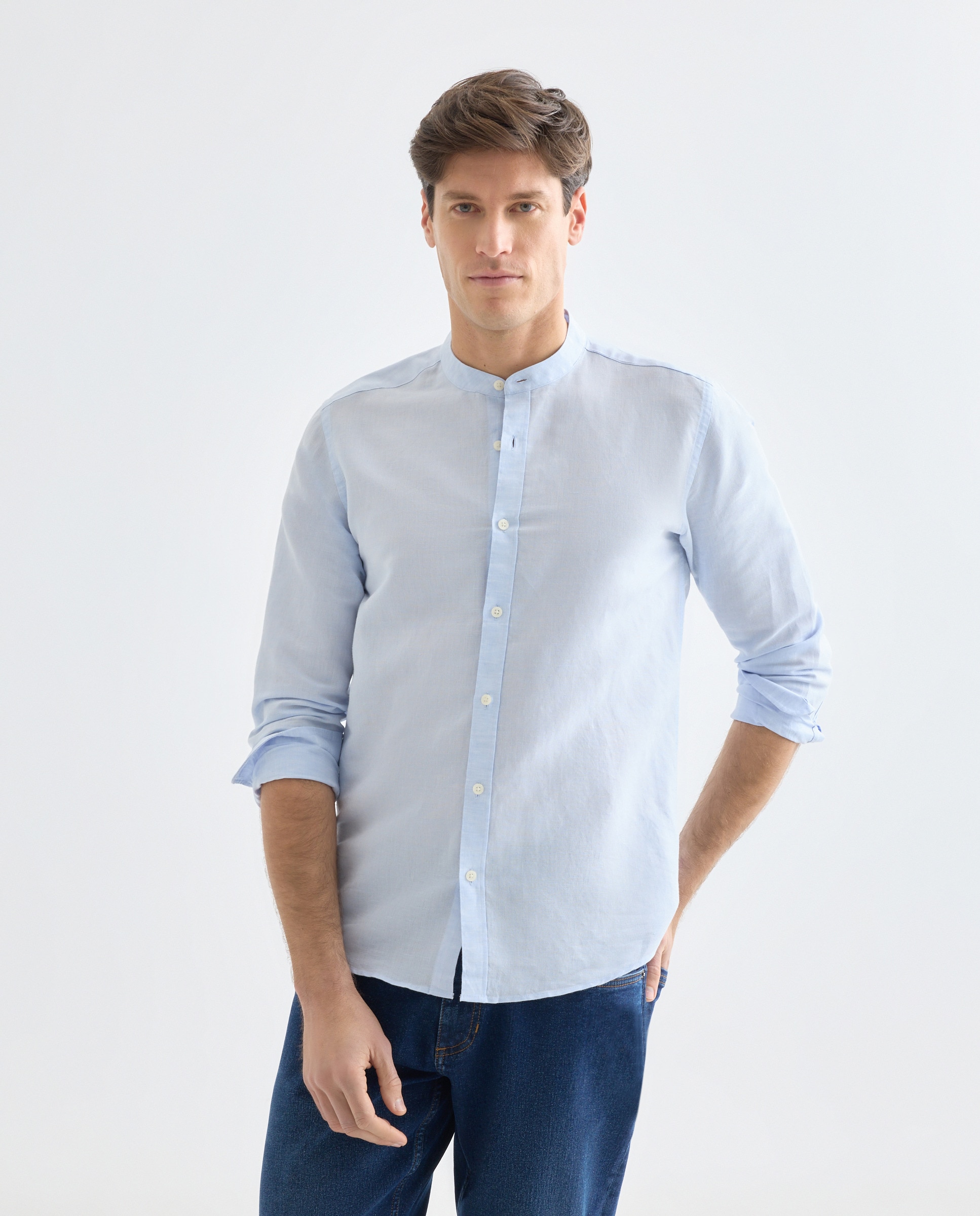 Imagen 0 de Camisa sport hombre lino y algodón lisa cuello mao