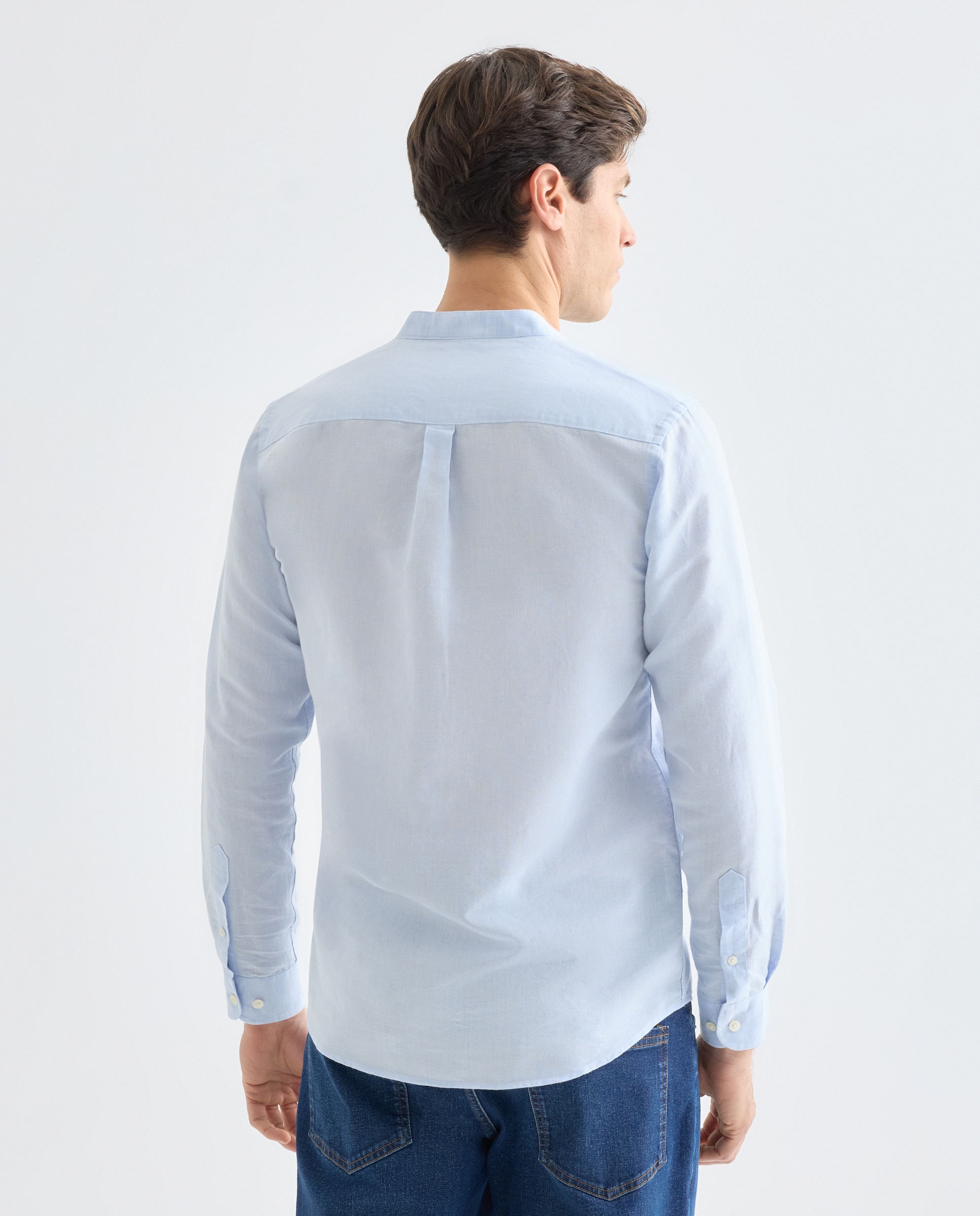 Camisa sport hombre lino y algodón lisa cuello mao 410 Azul claro-3