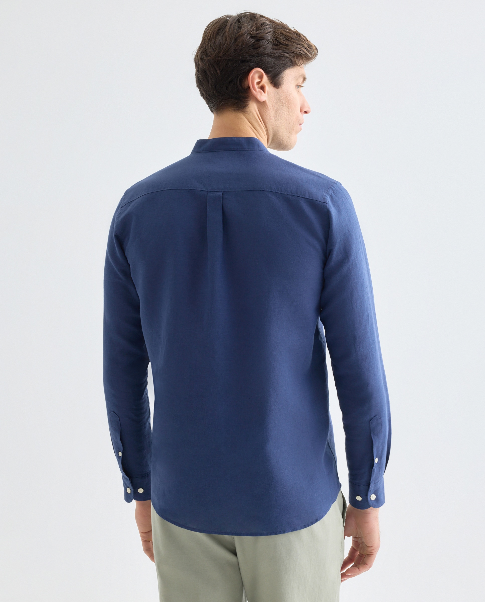 Camisa sport hombre lino y algodón lisa cuello mao Azul marino-3