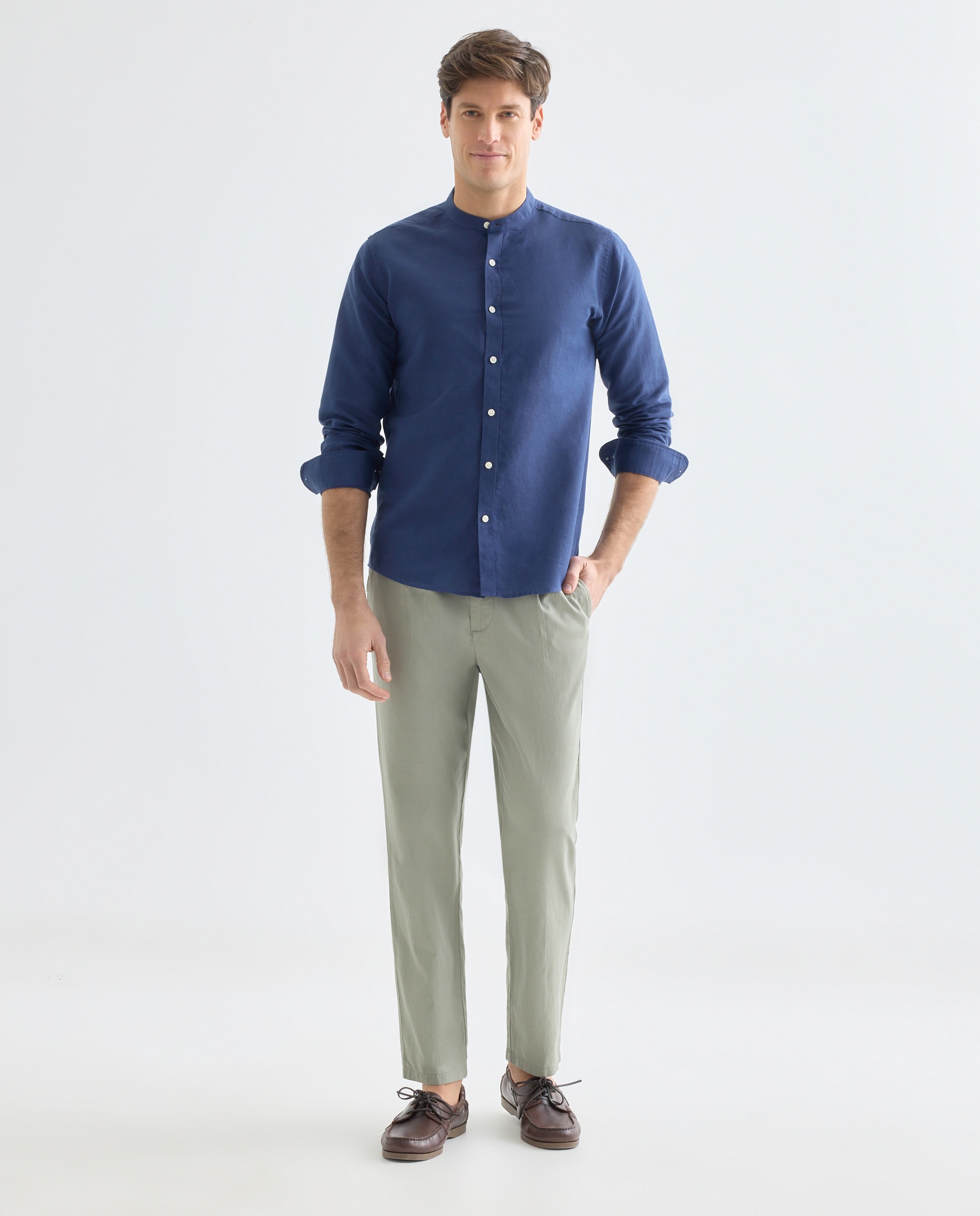 Camisa sport hombre lino y algodón lisa cuello mao Azul marino-2