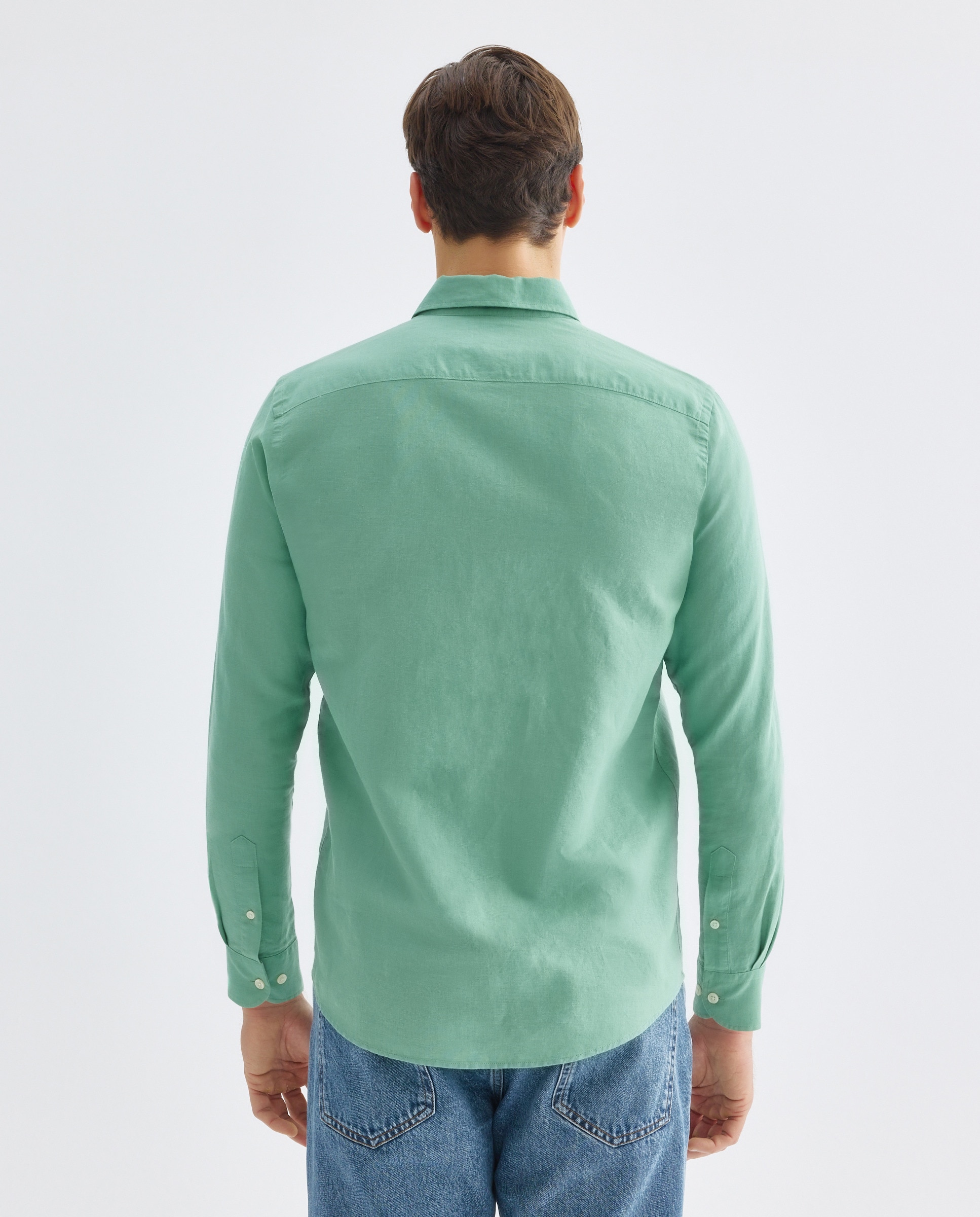 Camisa sport hombre lino y algodón lisa Verde-3