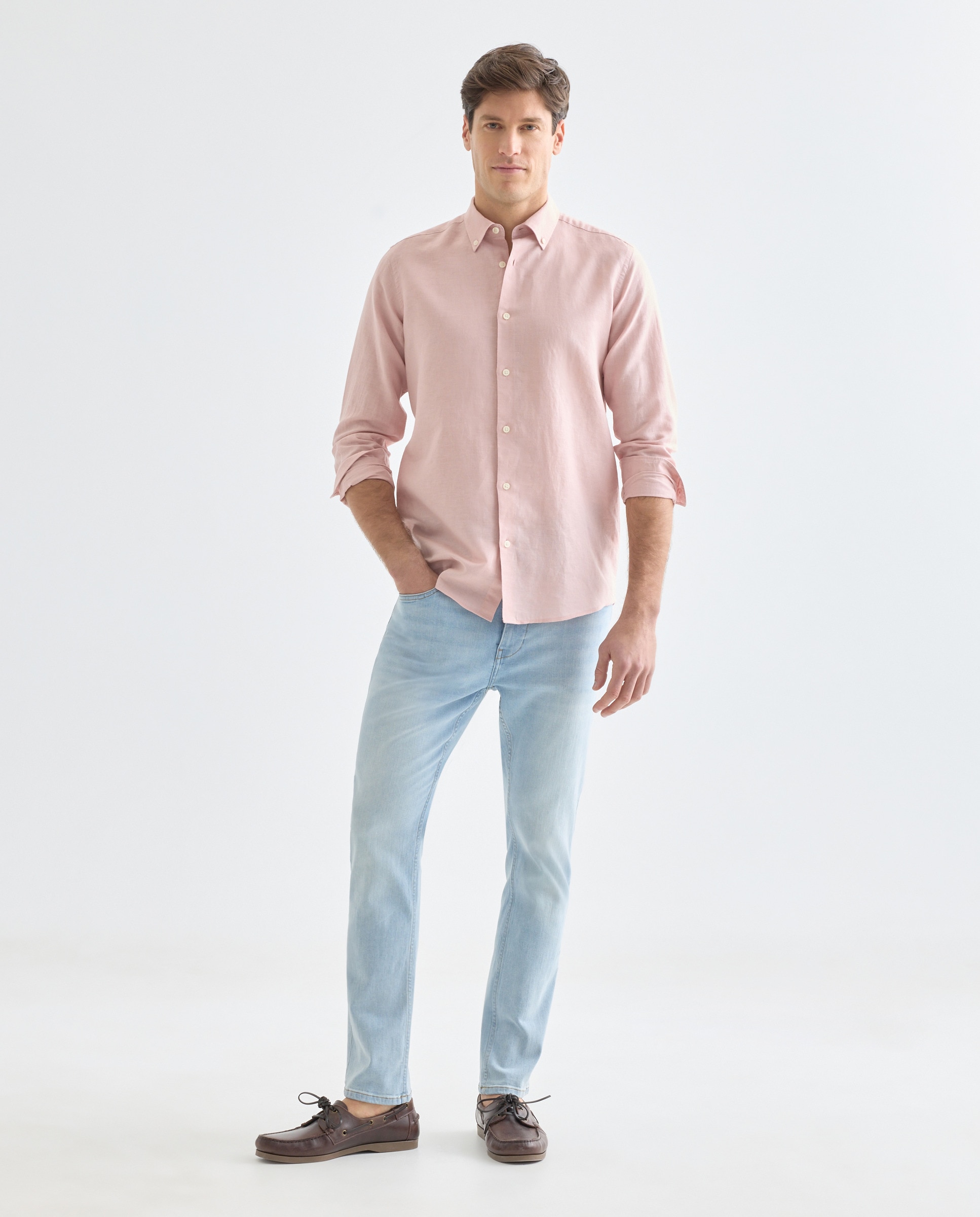 Camisa sport hombre lino y algodon lisa 220 Rosa palo-2