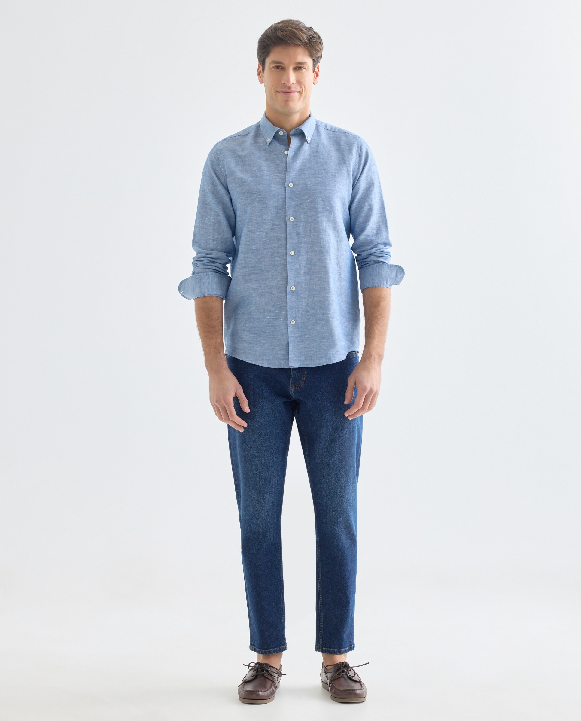 Camisa sport hombre lino y algodon lisa Azul marino-2