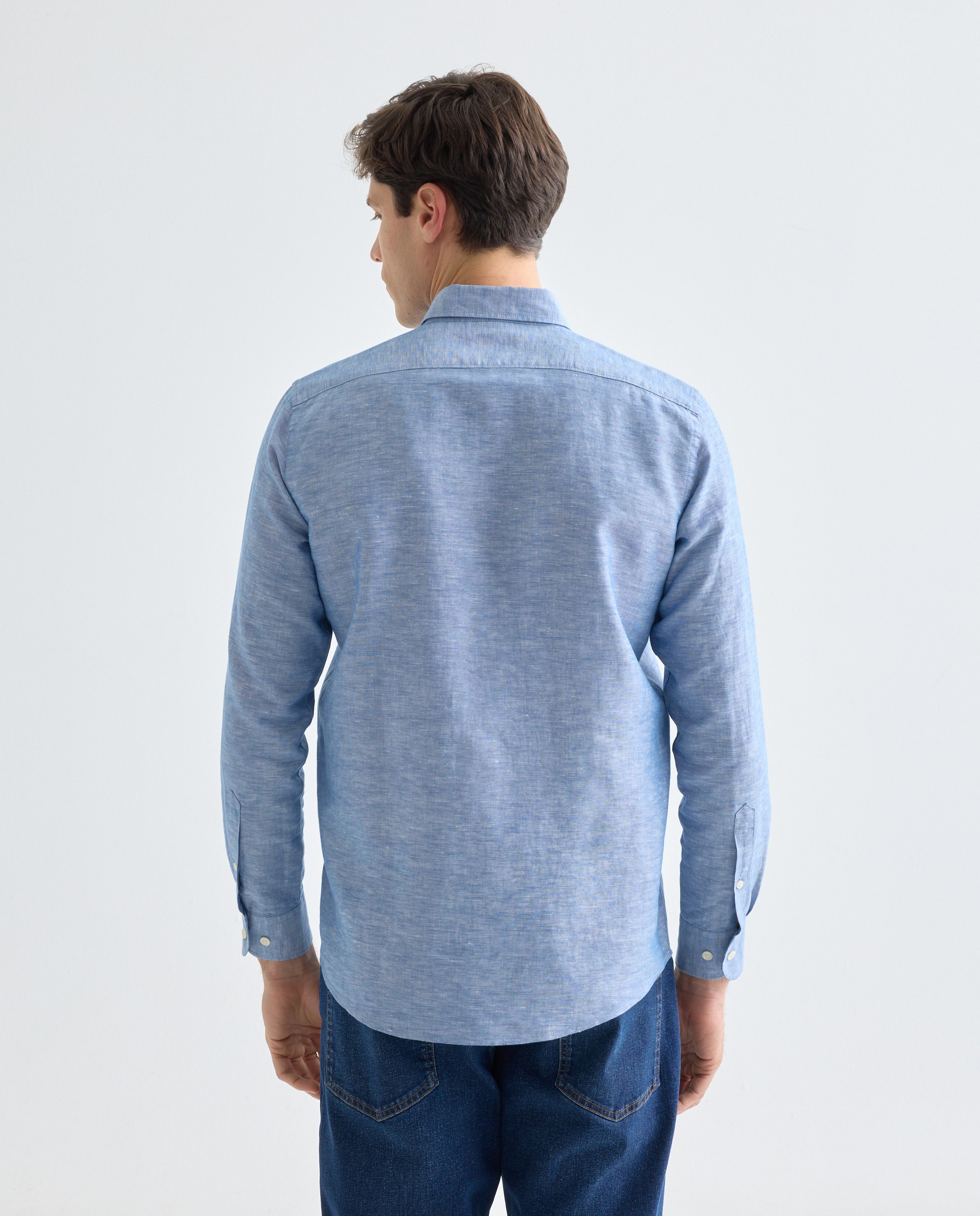 Camisa sport hombre lino y algodon lisa Azul marino-3