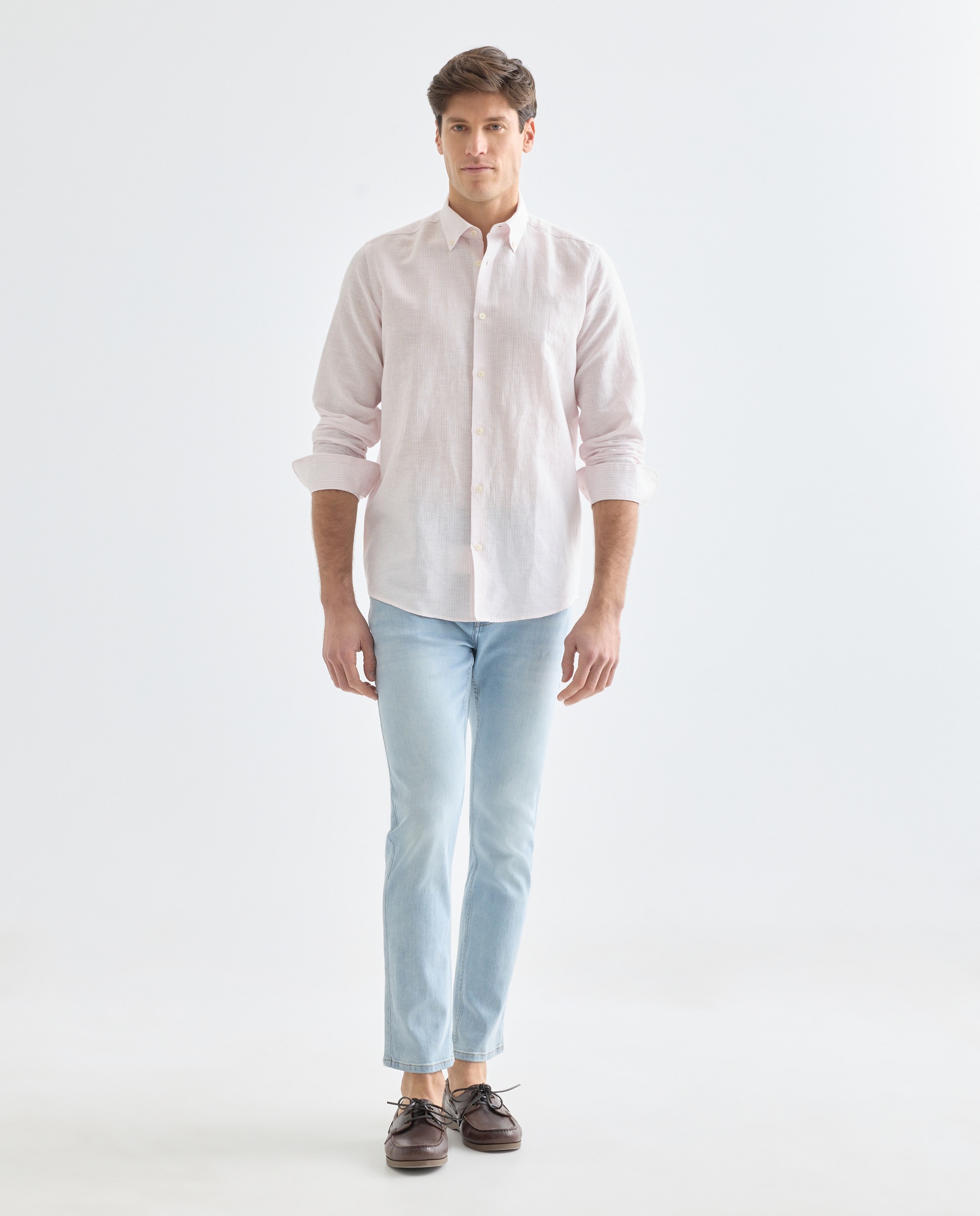 Camisa sport hombre lino y algodon rayas 200 Rosa-2