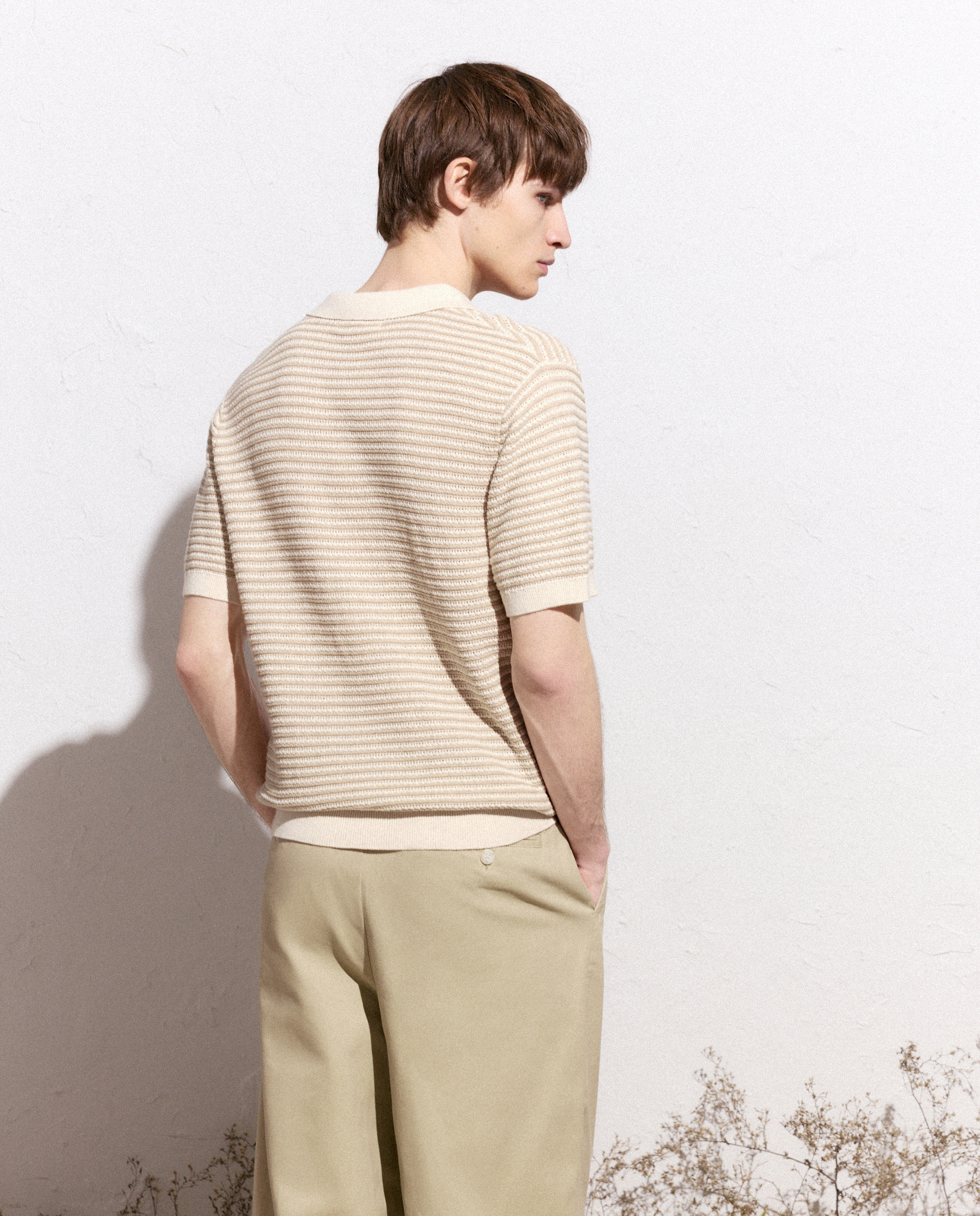 Polo de Tricot de Manga Curta com Estrutura às Riscas 120 Cru-3