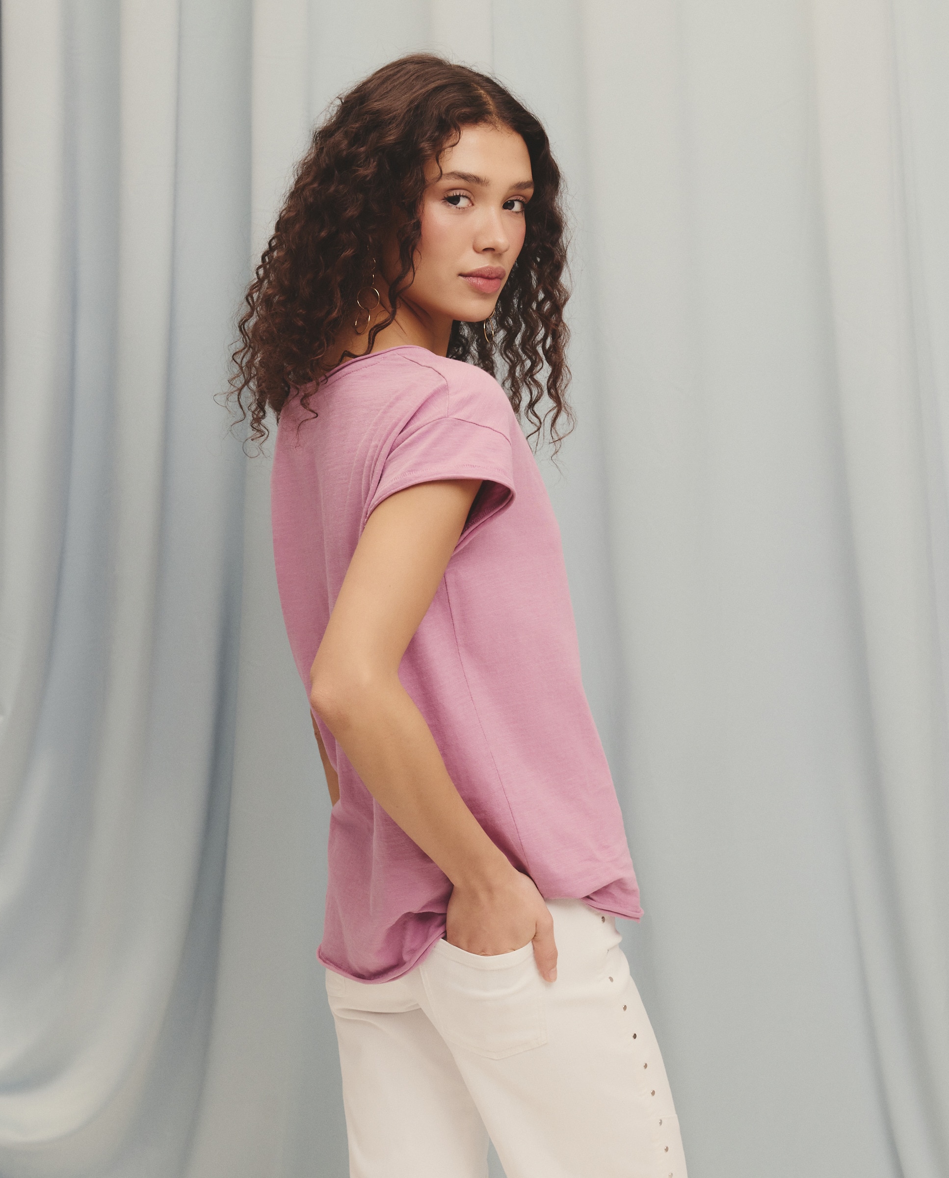 T-shirt Lisa de Manga Curta com Decote de Onda 282 Malva-3