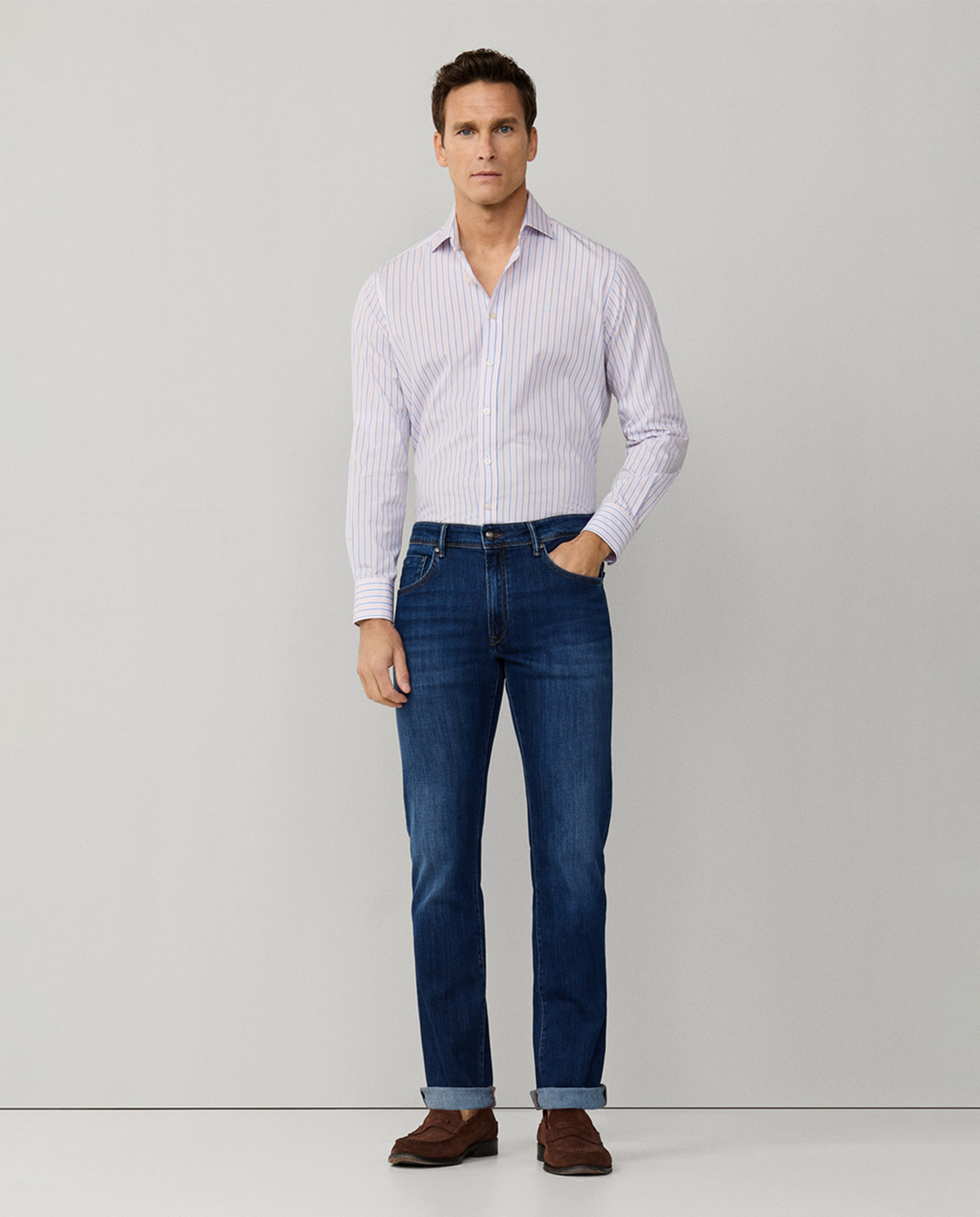 Camisa Classic Fit às Riscas Tamanhos Grandes Rosa-10