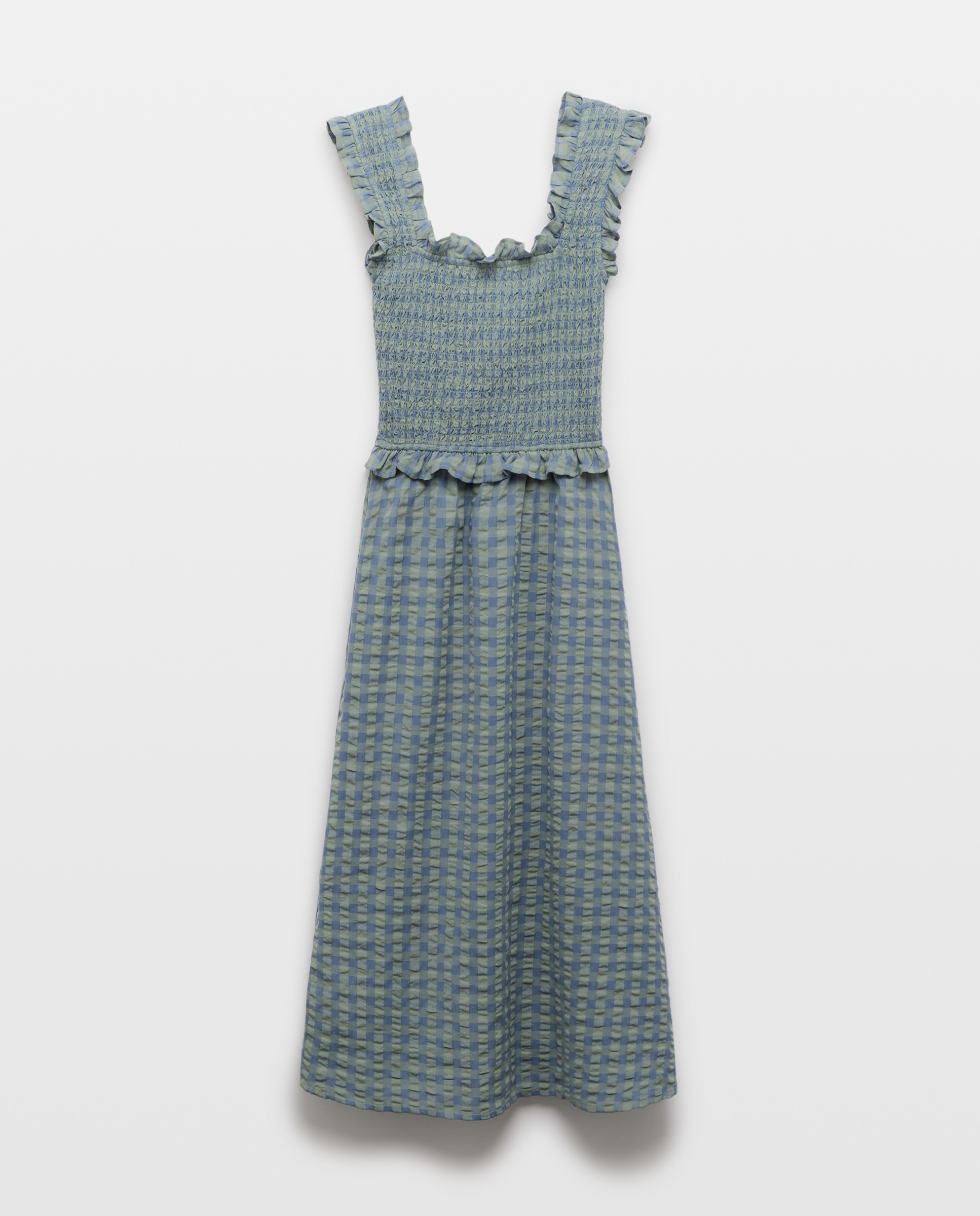 Vestido de mujer de cuadros fruncido Azul-4